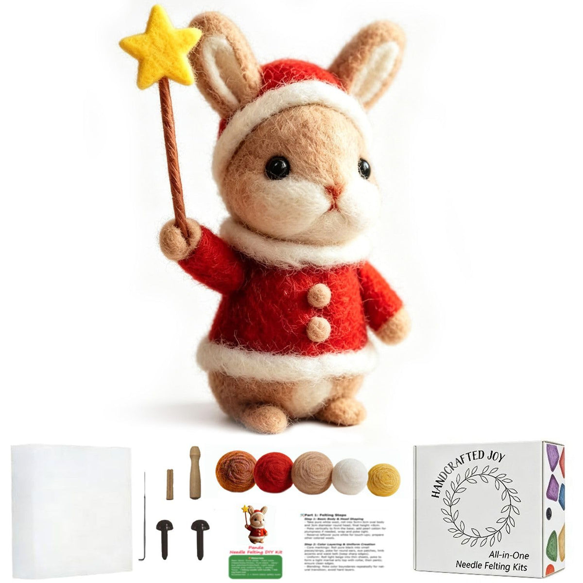 DIY Needle Felting Kit Christmas Santa Bunny – Needle Felting Starter Kit with Fiber Roving, Needles, Felting Pad & Instructions | Felted Animal Kit for Beginners Adults Holiday DIY Craft Gift