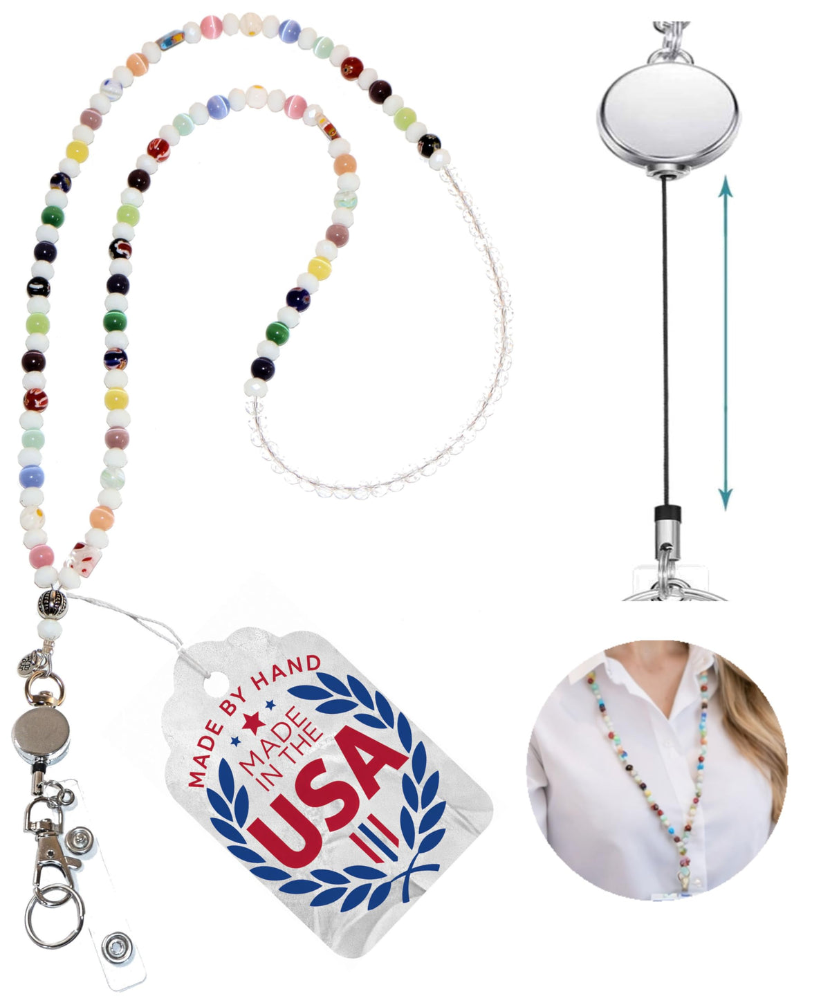 Hidden Hollow Beads Retractable Badge Reel, Women's Beaded Lanyard Strong ID Card Holder, Keys Teacher Nurse Cruise Keychain