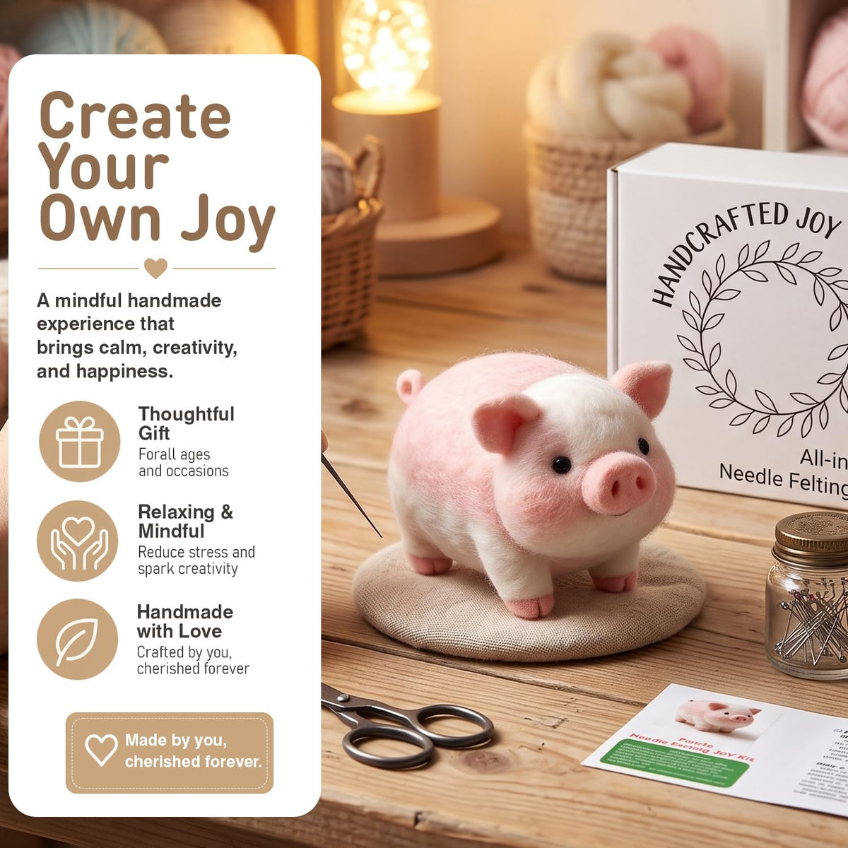 DIY Needle Felting Kit Cute Pink Pig – Needle Felting Starter Kit with Fiber Roving, Needles, Felting Pad & Instructions | Felted Farm Animal Kit for Beginners Adults | DIY Craft Gift Home Decoration