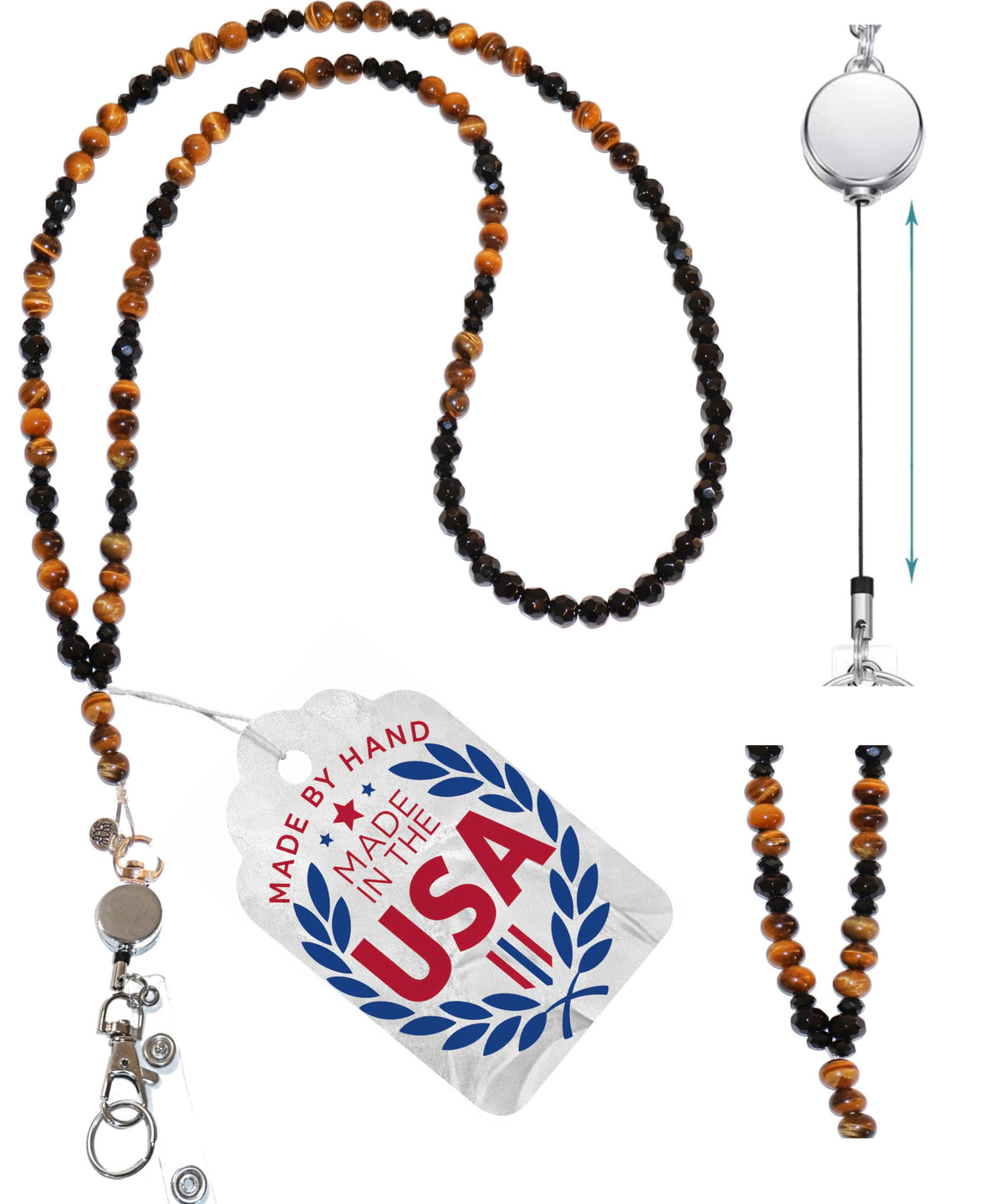 Hidden Hollow Beads Retractable Badge Reel, Women's Beaded Lanyard Strong ID Card Holder, Keys Teacher Nurse Cruise Keychain