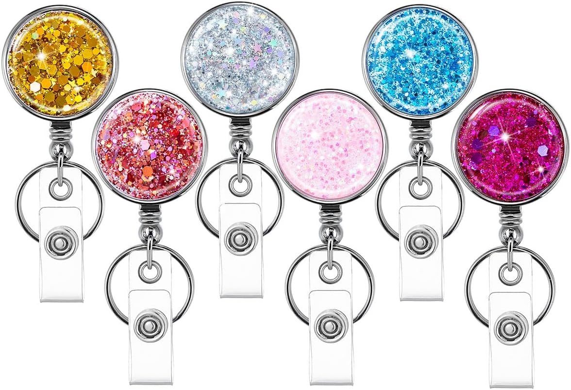 Glittery Retractable Badge Holder Reels with Belt Clip & Key Ring 6-Pack