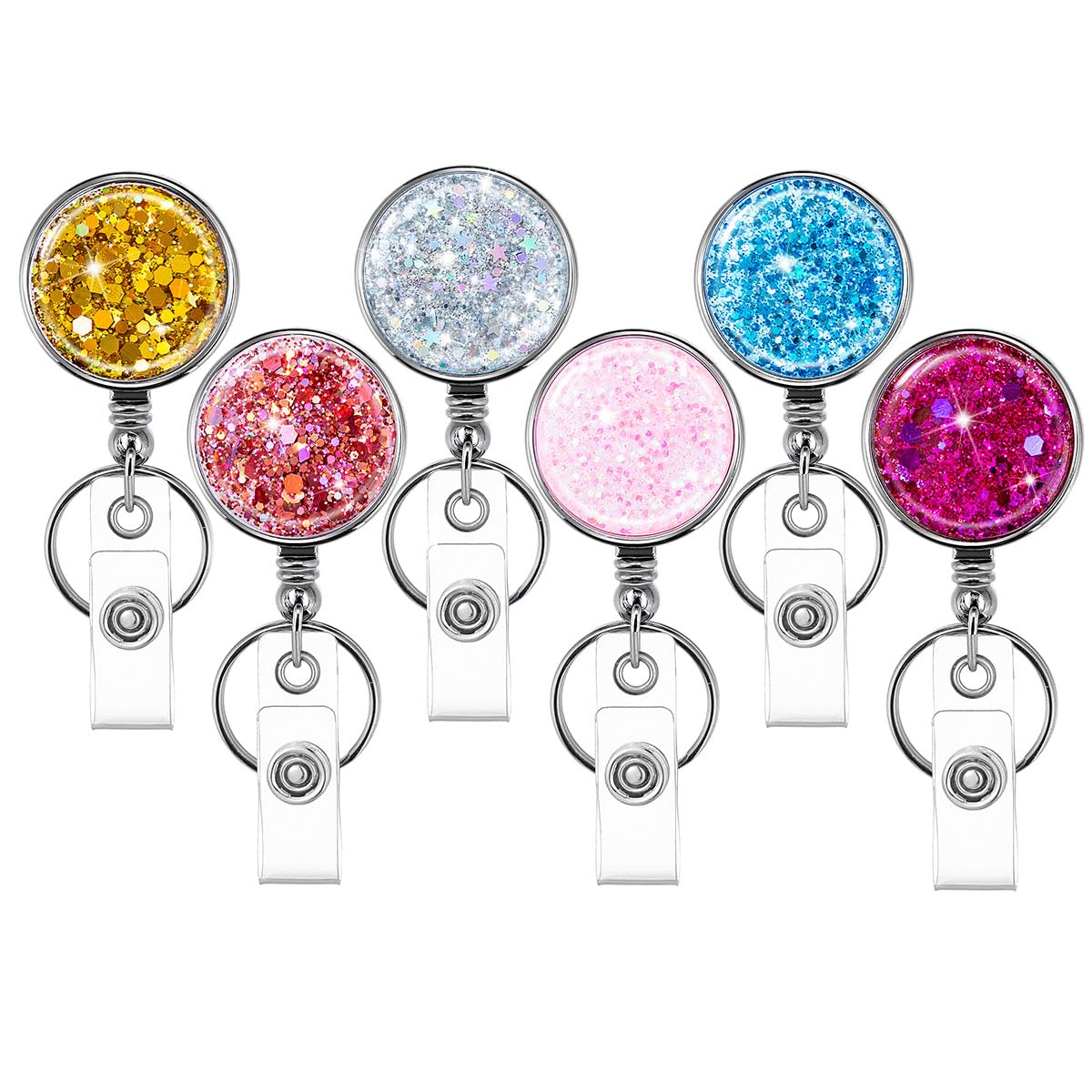 Rhinestone Retractable Badge Holder Reels with Belt Clip & Key Ring 4-Pack