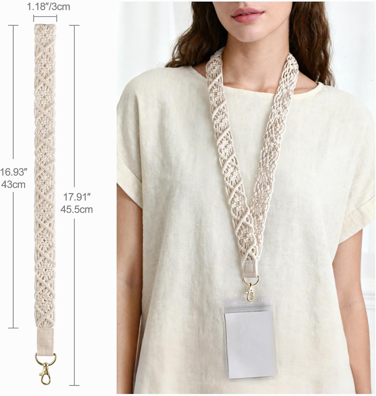 Mkono Macrame Lanyard Holder Neck Lanyards for ID Badges Keys Key Chain Boho Style Long Lanyard Strap for Women Teacher Employee Student, 17.9"