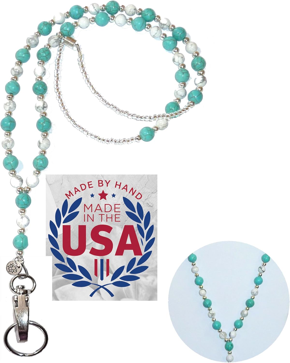 Hidden Hollow Beads Turquoise Women's Hand Beaded Fashion Lanyard 34 Inches, USA, Teacher ID Badge Holder Keys Cruise (Turquoise & Howlite Breakaway Clasp)