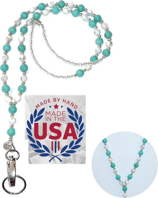 Hidden Hollow Beads Turquoise Women's Hand Beaded Fashion Lanyard 34 Inches, USA, Teacher ID Badge Holder Keys Cruise (Turquoise & Howlite Breakaway Clasp)