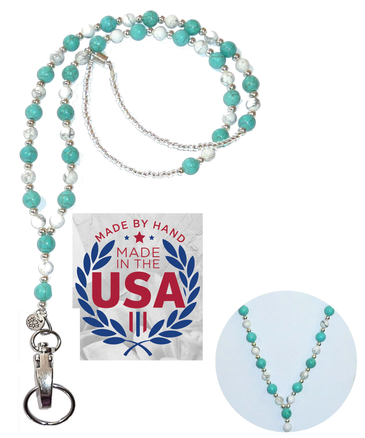 Hidden Hollow Beads Turquoise Women's Hand Beaded Fashion Lanyard 34 Inches, USA, Teacher ID Badge Holder Keys Cruise (Turquoise & Howlite Breakaway Clasp)