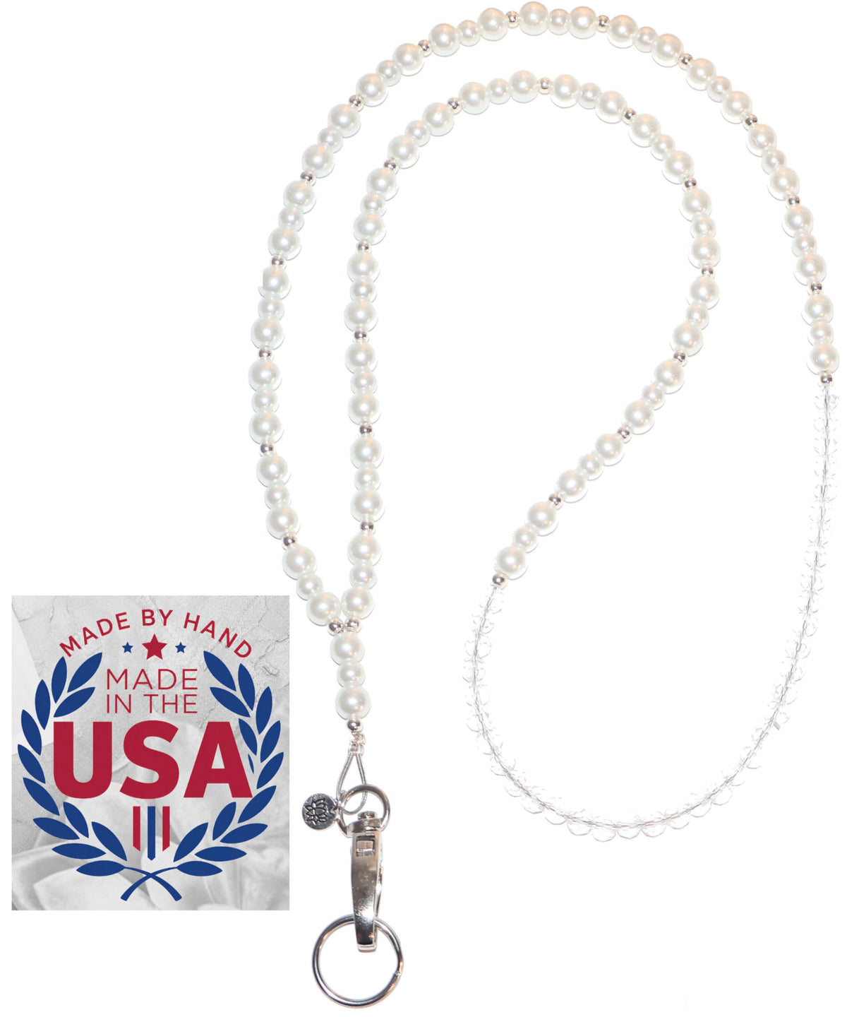 Hidden Hollow Beads Pearl & Gold Women's Handmade in USA Beaded Fashion Lanyard 34" Teacher ID Badge Holder Keys Cruise Phone