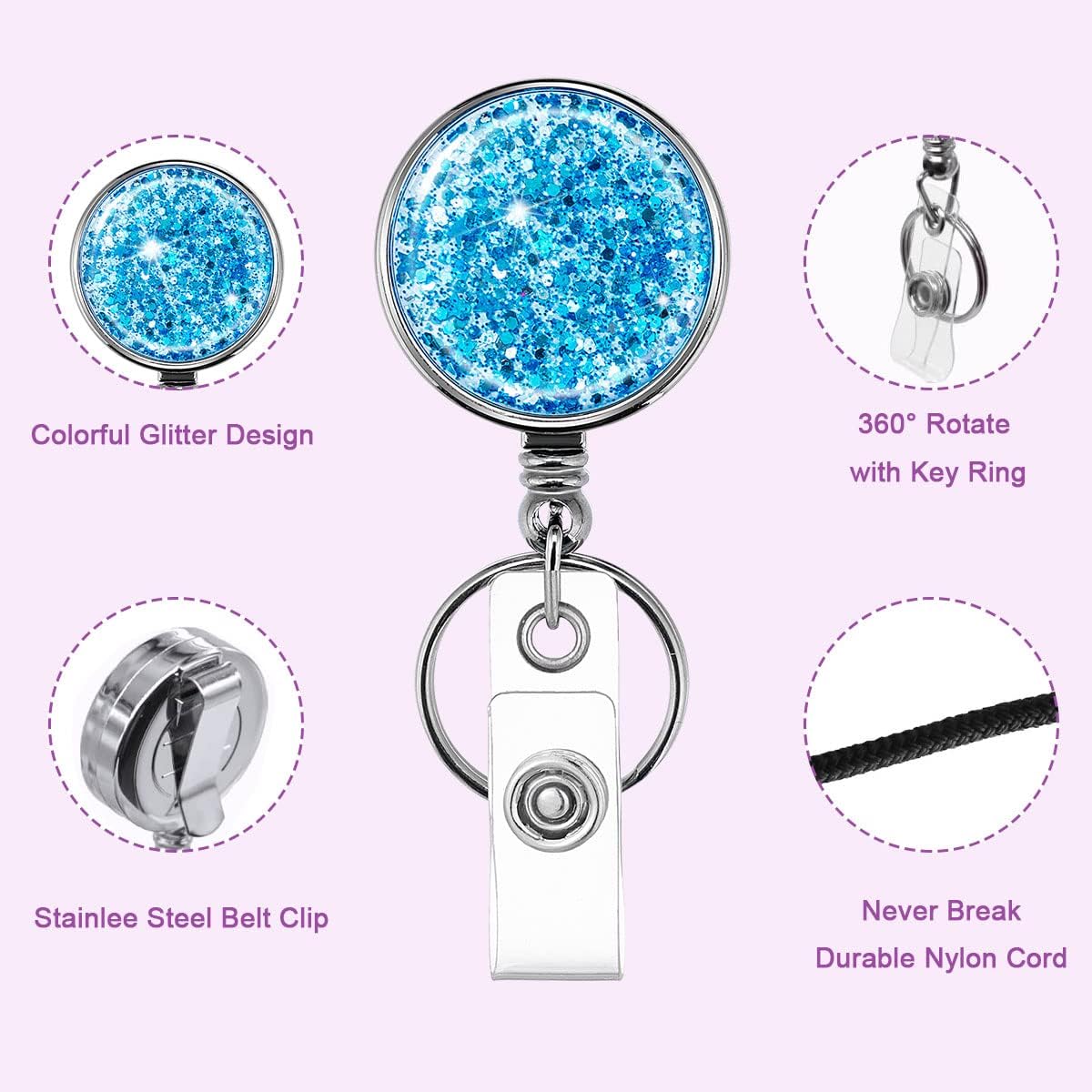 Glittery Retractable Badge Holder Reels with Belt Clip & Key Ring 6-Pack