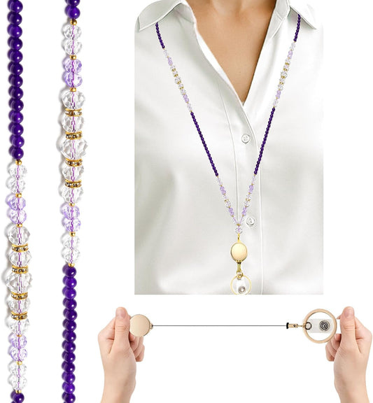 Retractable Lanyard for ID Badges and Keys Natural Stone Crystal Name Badge Necklace for Teachers