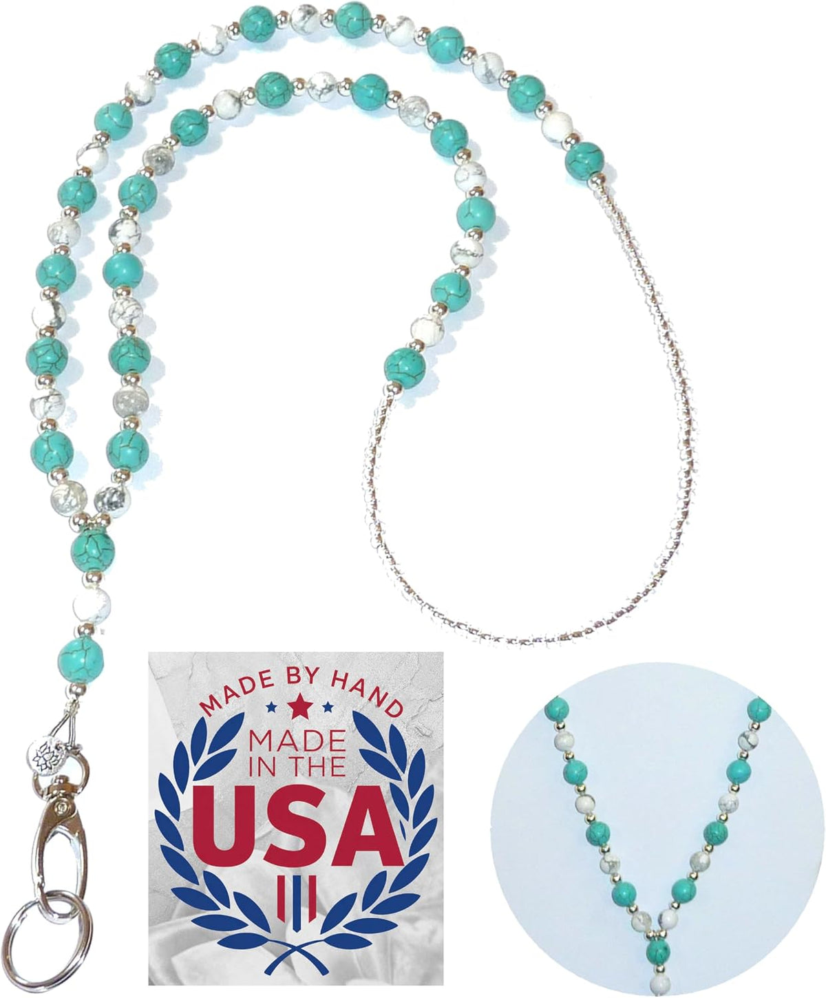 Hidden Hollow Beads Turquoise Women's Hand Beaded Fashion Lanyard 34 Inches, USA, Teacher ID Badge Holder Keys Cruise (Turquoise & Howlite Non Breakaway)