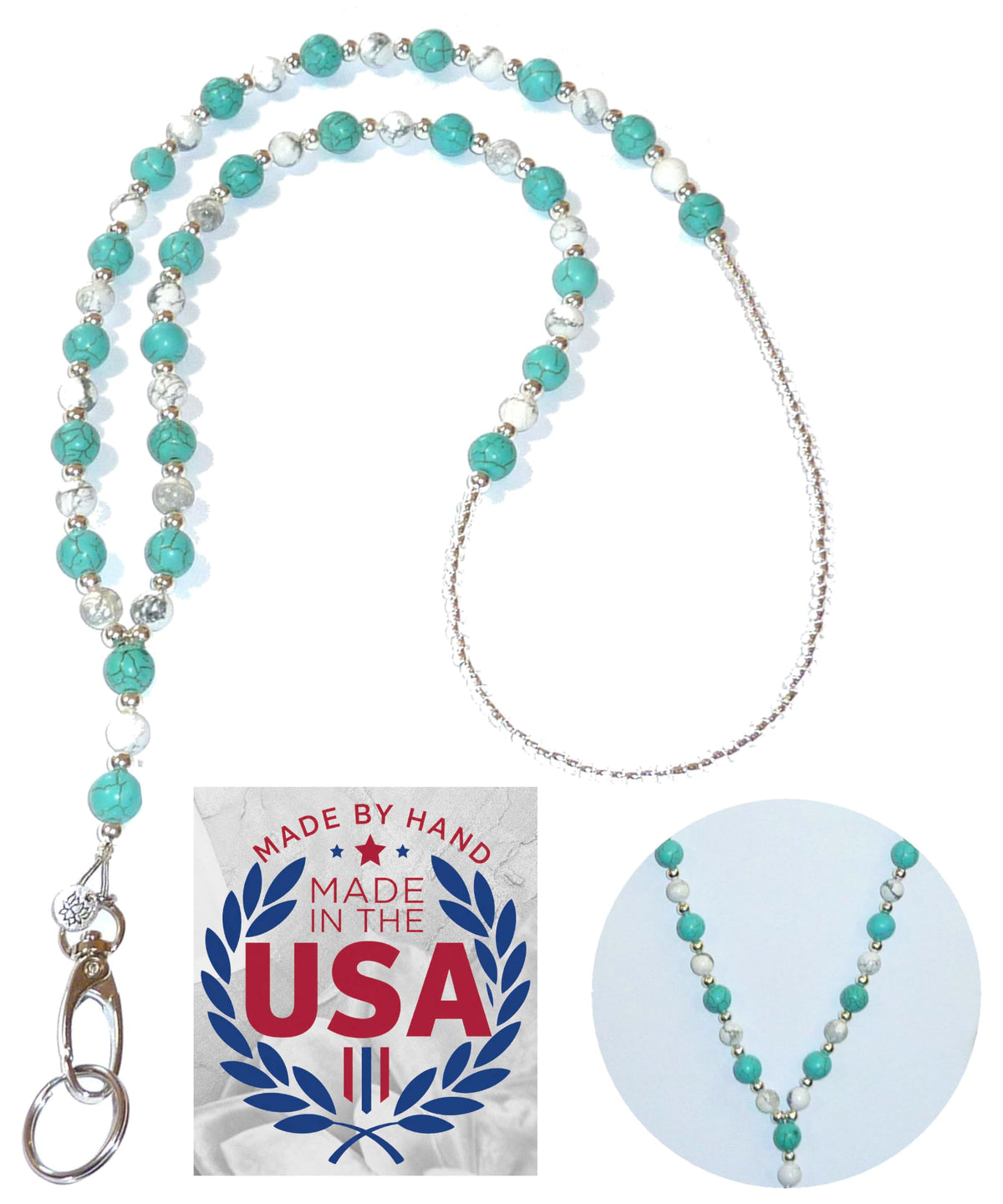 Hidden Hollow Beads Turquoise Women's Hand Beaded Fashion Lanyard 34 Inches, USA, Teacher ID Badge Holder Keys Cruise (Turquoise & Howlite Breakaway Clasp)
