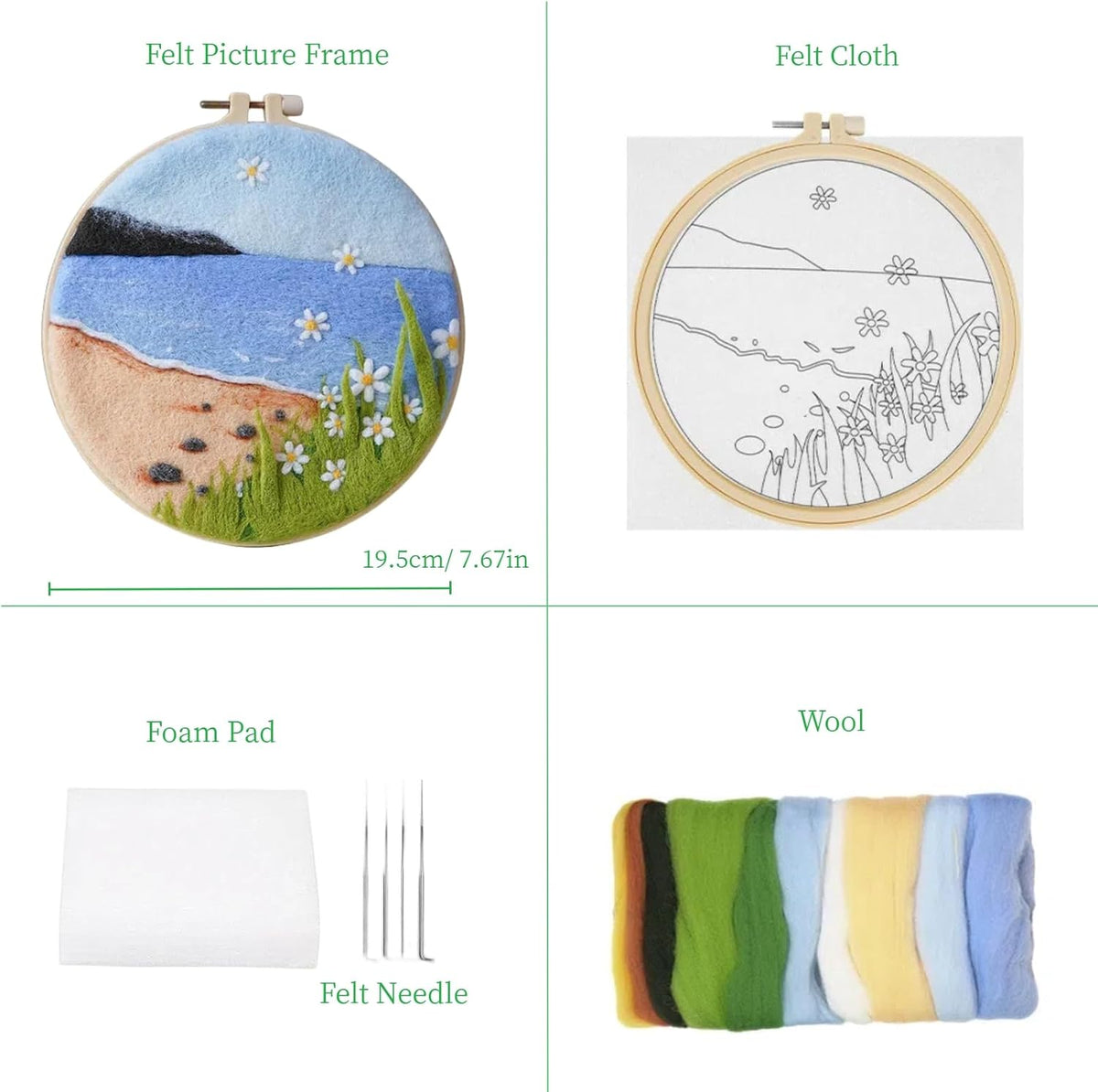 Wonafa DIY Wool Needle Felt Starter Kit, Beginner Needle Felt Kit with Wool Felt Bag, Felts Needles, Photo Frame, Foam Mat, Felts Cloth and Instructions for Home Decor, Art Crafts (K2)