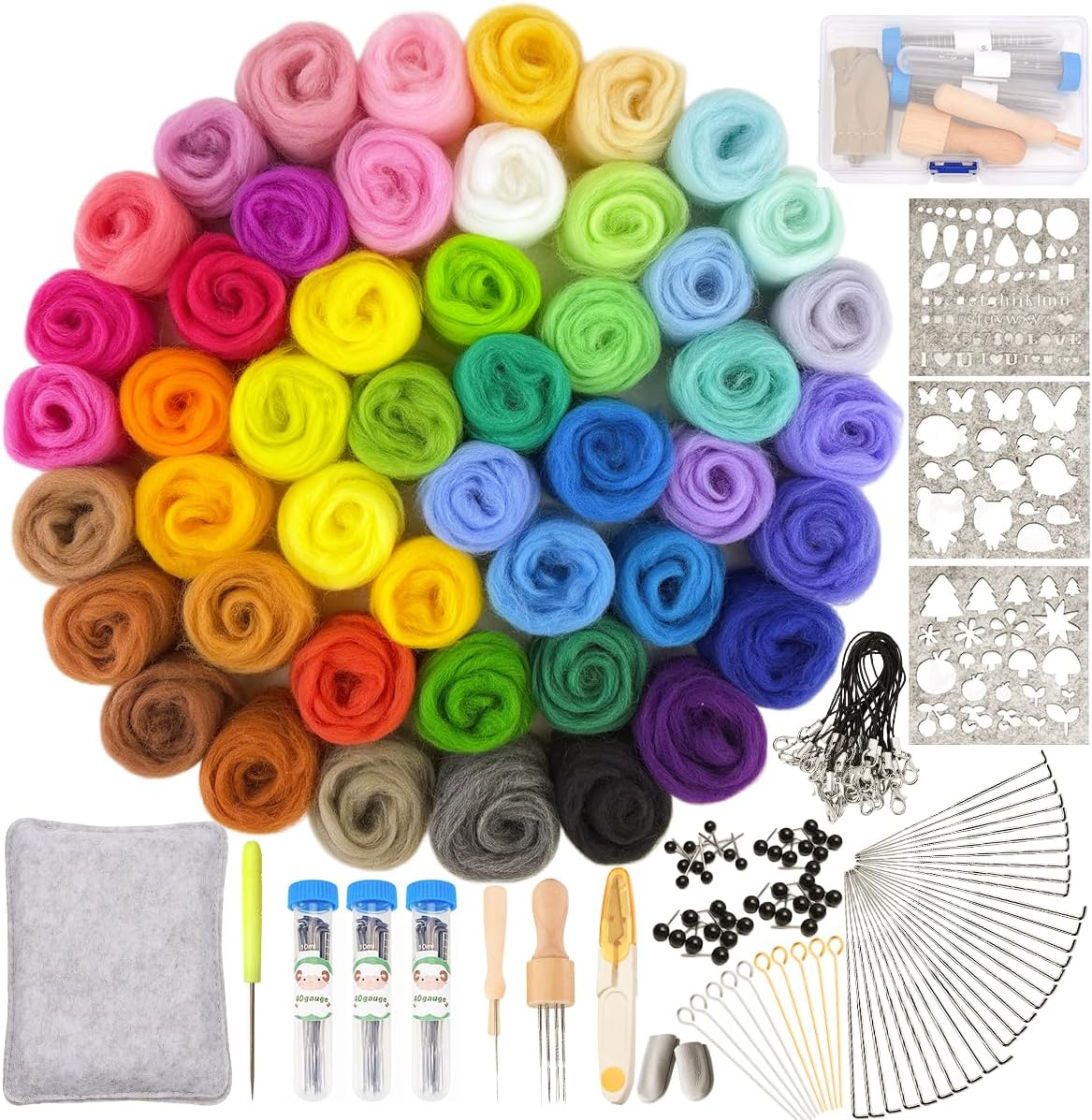 IcosaMro Needle Felting Kit 48 Color Wool Roving with Felting Needles Tools