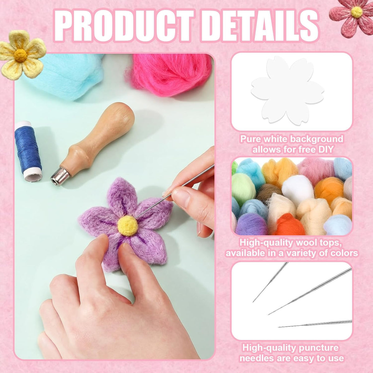 HunnmingRe 32 Set Needle Felting Kits Needle Felting Supplies for Beginner Include Wool Roving Pad and Needles for DIY Home Decoration Art Craft(Flowers)