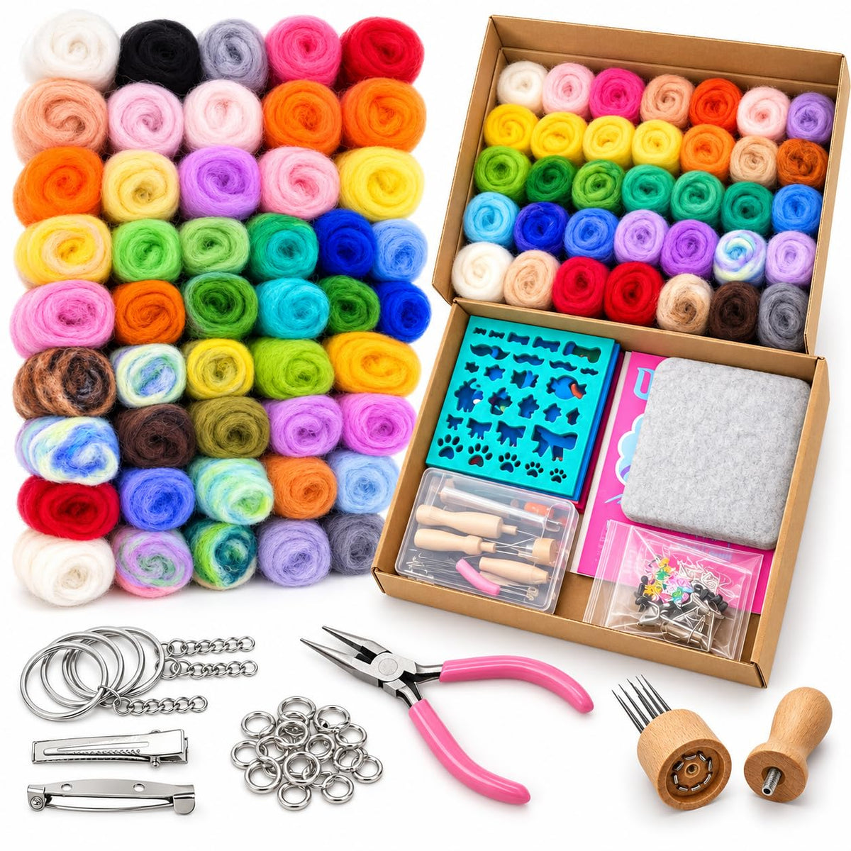 iptek Needle Felting Kit for Beginners, 30 Colors Wool Roving with Felting Needles, Felt Molds, Foam Pad, Storage Box & Instructions, Starter Kit for DIY Animals, Keychains & Crafts