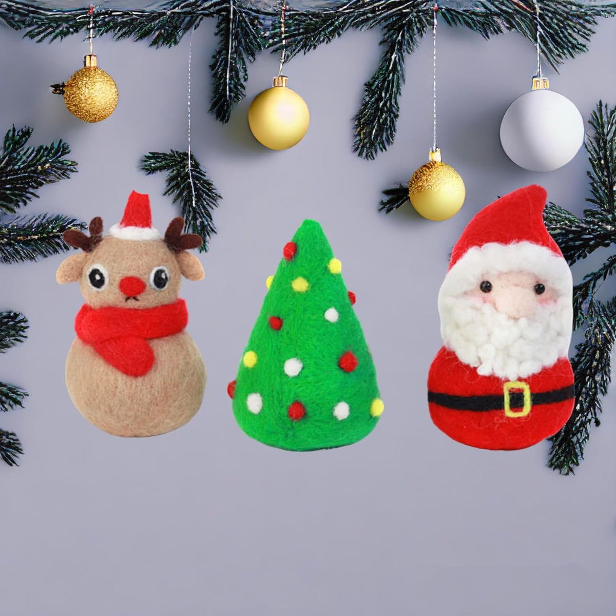 3 Pack Santa Claus Needle Felting Beginners Kits, Christmas Tree Reindeer