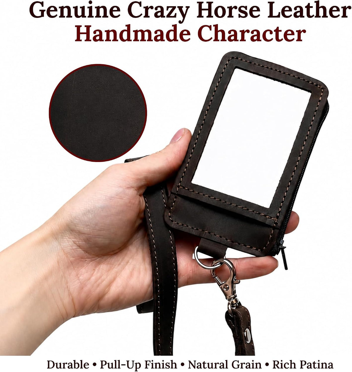 Genuine Leather Badge Holder with Detachable Lanyard – ID Card Holder with Zipper Pocket, Handmade Leather Name Tag Holder for Work, Office, Events & Travel, Brown