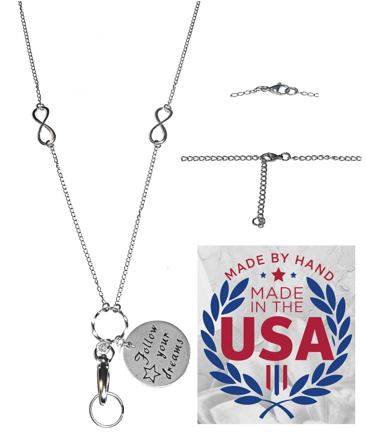 Hidden Hollow Beads Charm Stainless Steel Strong Hand Made USA Women's 34 "Lanyard, ID Badge Card Holder Teacher Nurse Keys