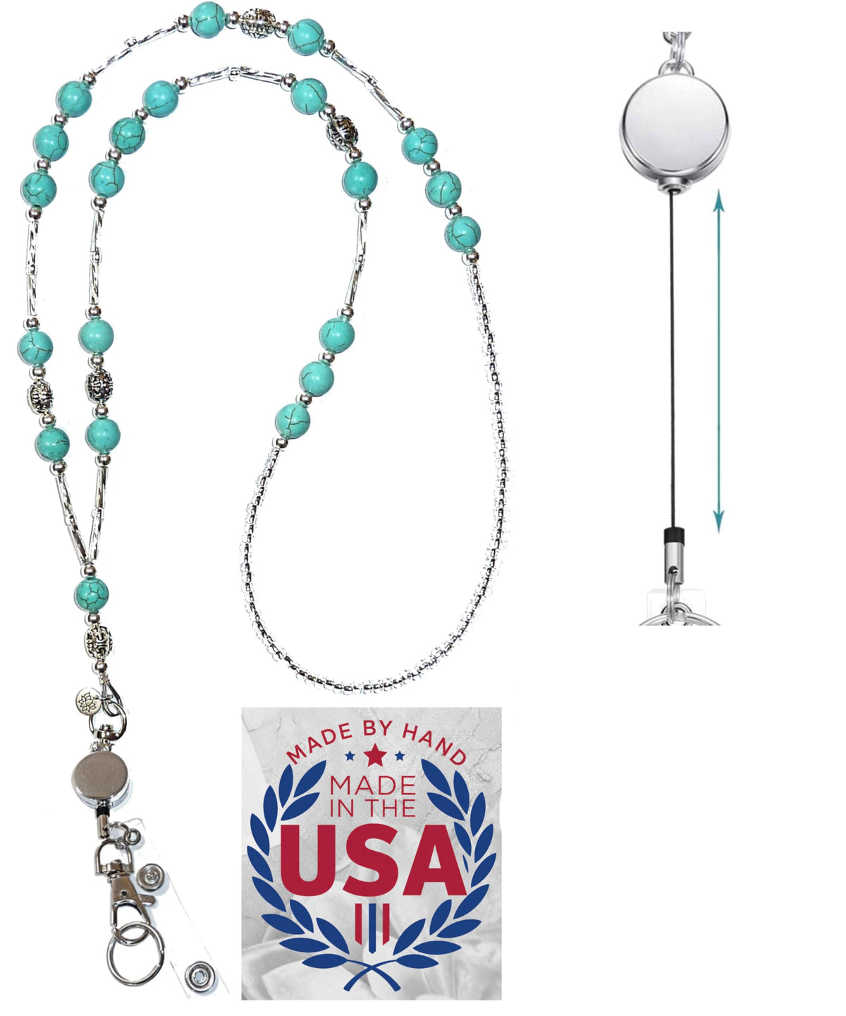 Hidden Hollow Beads Retractable Badge Reel, Women's Beaded Lanyard Strong ID Card Holder, Keys Teacher Nurse Cruise Keychain