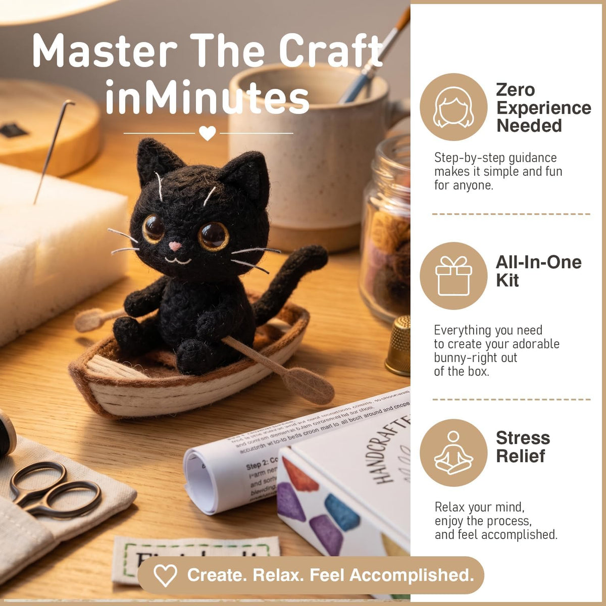 DIY Needle Felting Kit Black Cat in Rowing Boat – Needle Felting Starter Kit with Fiber Roving, Needles, Felting Pad & Instructions | Felted Cat Kit for Beginners Adults | Unique DIY Craft Gift