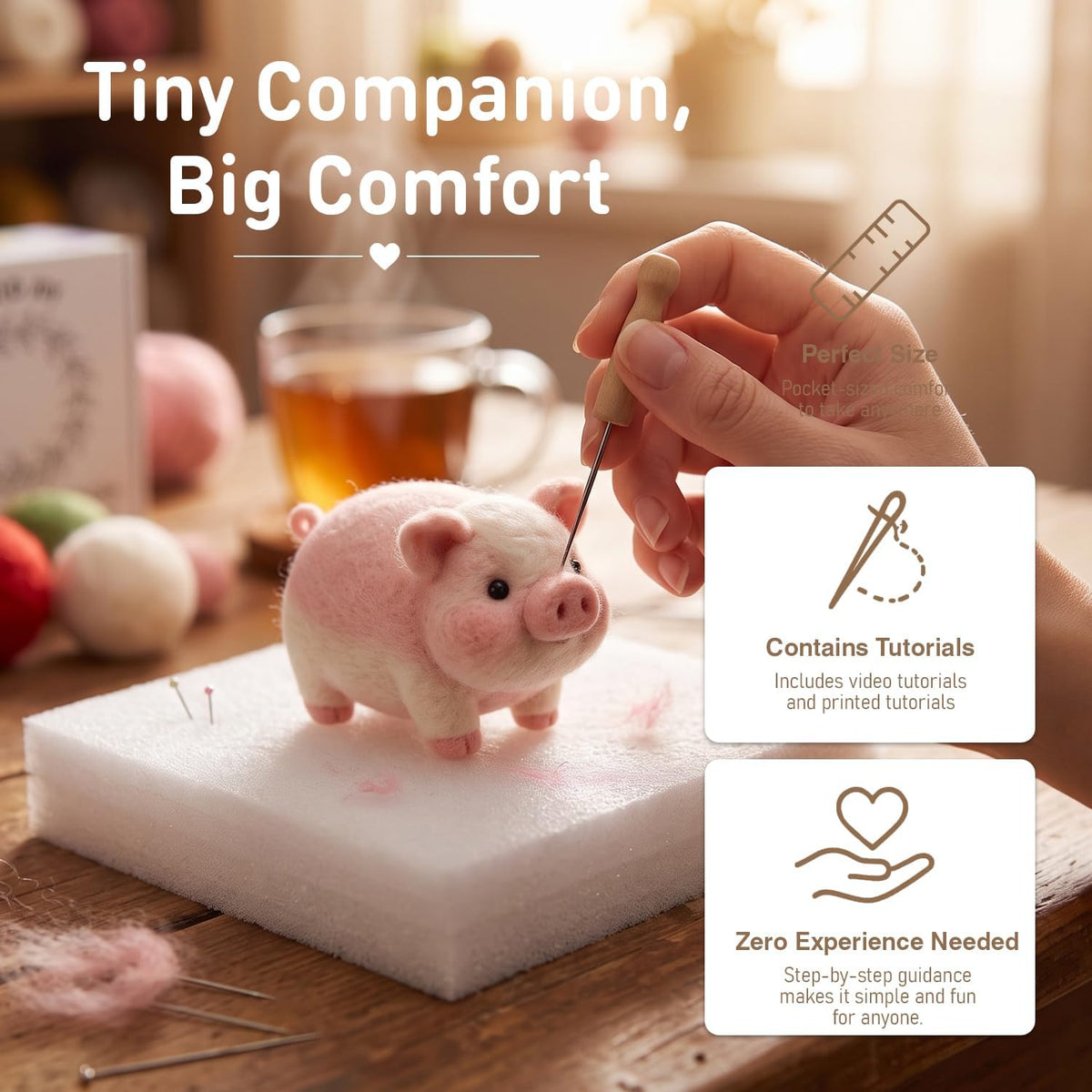 DIY Needle Felting Kit Cute Pink Pig – Needle Felting Starter Kit with Fiber Roving, Needles, Felting Pad & Instructions | Felted Farm Animal Kit for Beginners Adults | DIY Craft Gift Home Decoration