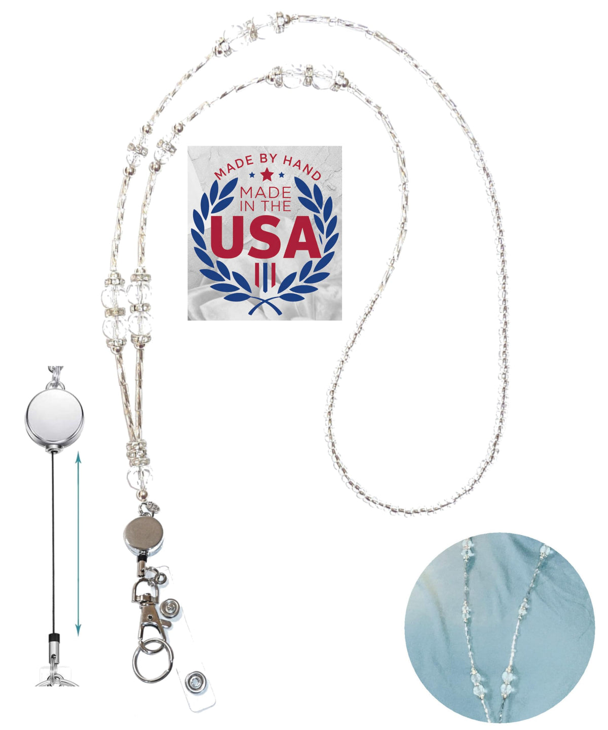 Hidden Hollow Beads Retractable Badge Reel, Women's Beaded Lanyard Strong ID Card Holder, Keys Teacher Nurse Cruise Keychain