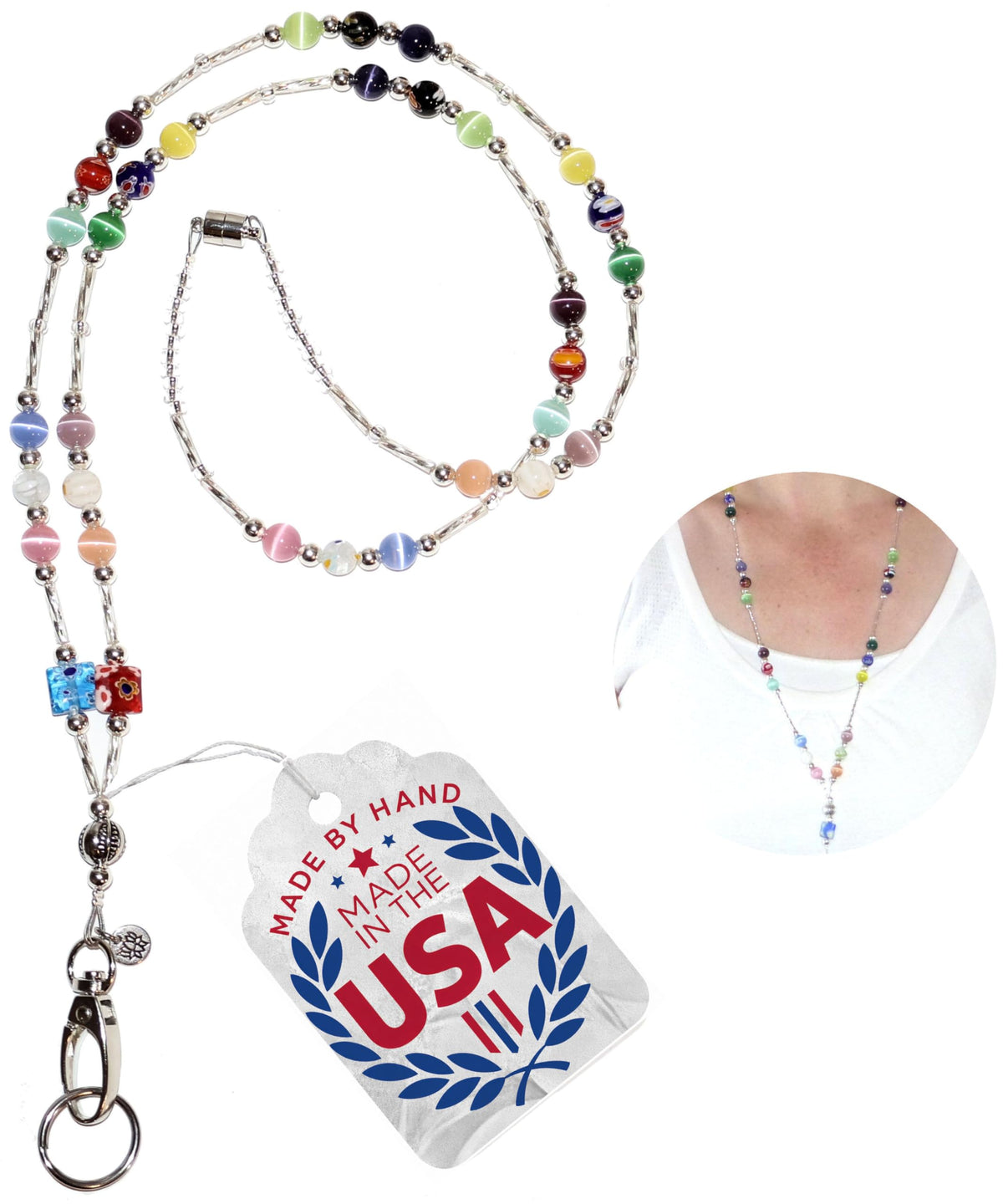 Hidden Hollow Beads SUPER Slim Hand Beaded in USA Women's Lanyard Strong Breakaway Teacher ID Badge Card Holder Keys Nurse