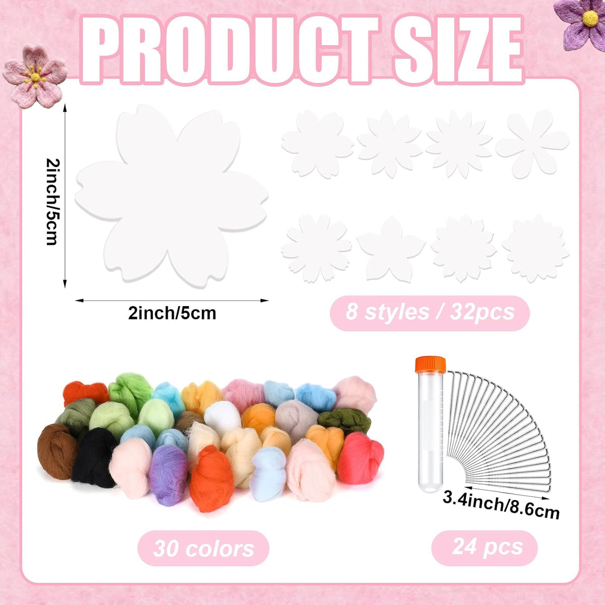 HunnmingRe 32 Set Needle Felting Kits Needle Felting Supplies for Beginner Include Wool Roving Pad and Needles for DIY Home Decoration Art Craft(Flowers)