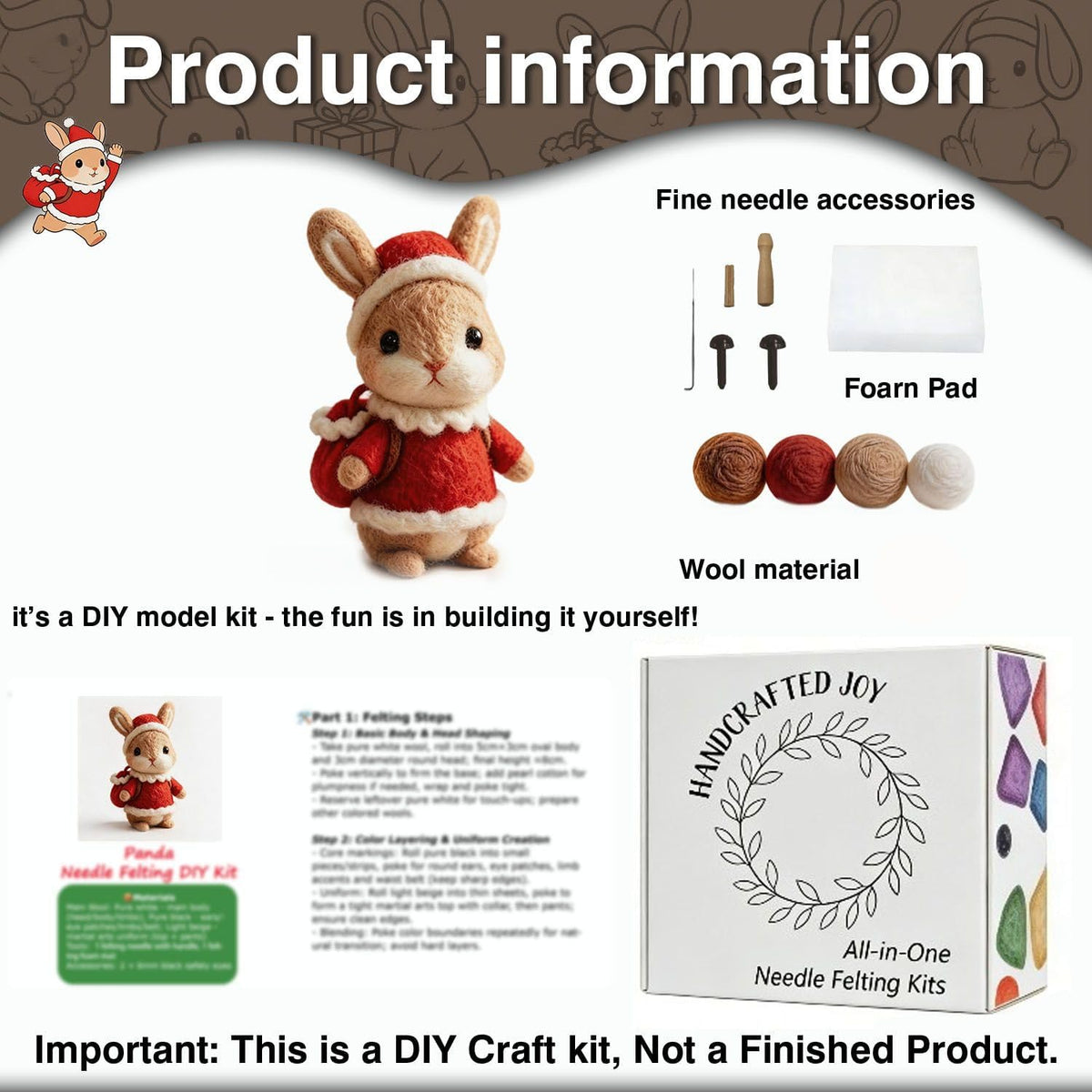DIY Needle Felting Kit Christmas Santa Bunny – Needle Felting Starter Kit with Fiber Roving, Needles, Felting Pad & Instructions | Felted Animal Kit for Beginners Adults Holiday DIY Craft Gift