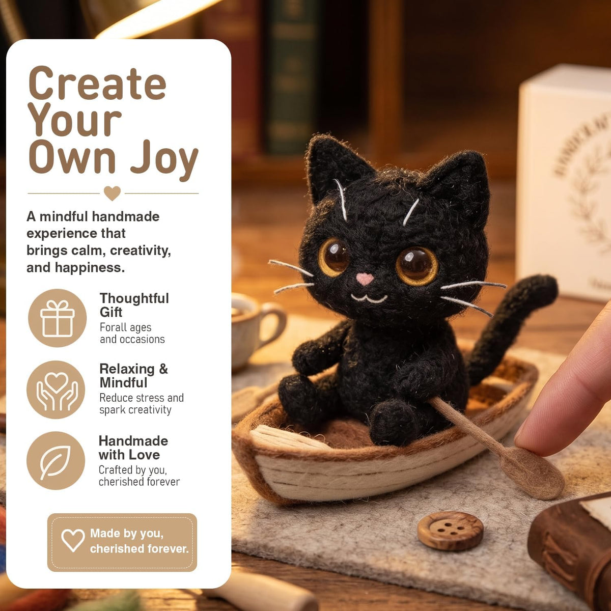 DIY Needle Felting Kit Black Cat in Rowing Boat – Needle Felting Starter Kit with Fiber Roving, Needles, Felting Pad & Instructions | Felted Cat Kit for Beginners Adults | Unique DIY Craft Gift