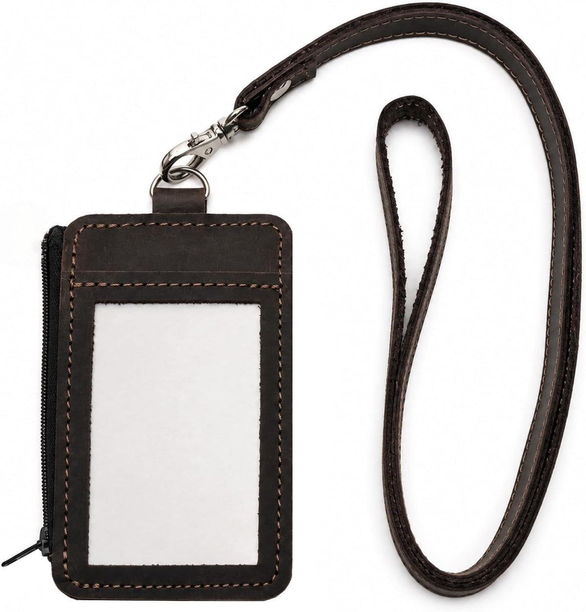 Genuine Leather Badge Holder with Detachable Lanyard – ID Card Holder with Zipper Pocket, Handmade Leather Name Tag Holder for Work, Office, Events & Travel, Brown