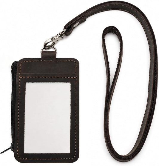 Genuine Leather Badge Holder with Detachable Lanyard – ID Card Holder with Zipper Pocket, Handmade Leather Name Tag Holder for Work, Office, Events & Travel, Brown