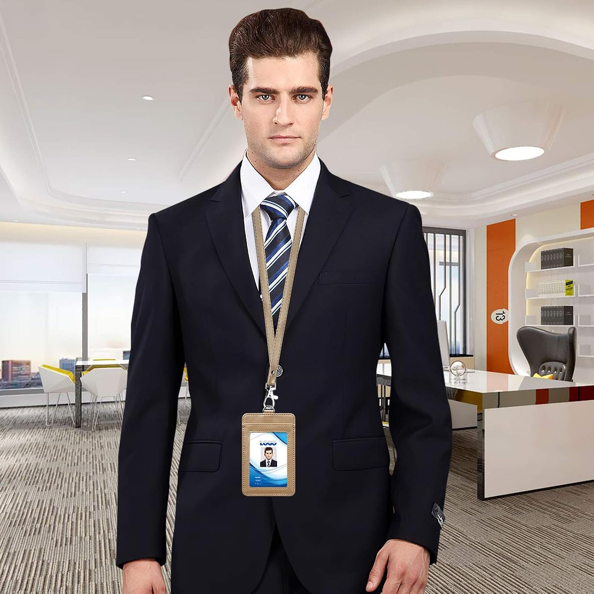 PU Leather ID Badge Holder, Life-Mate ID Badge Holder with 1 Clear ID Window 1 Credit Card Slot and PU Leather Lanyard for Badge Credit Cards College ID Cards in Champagne Gold