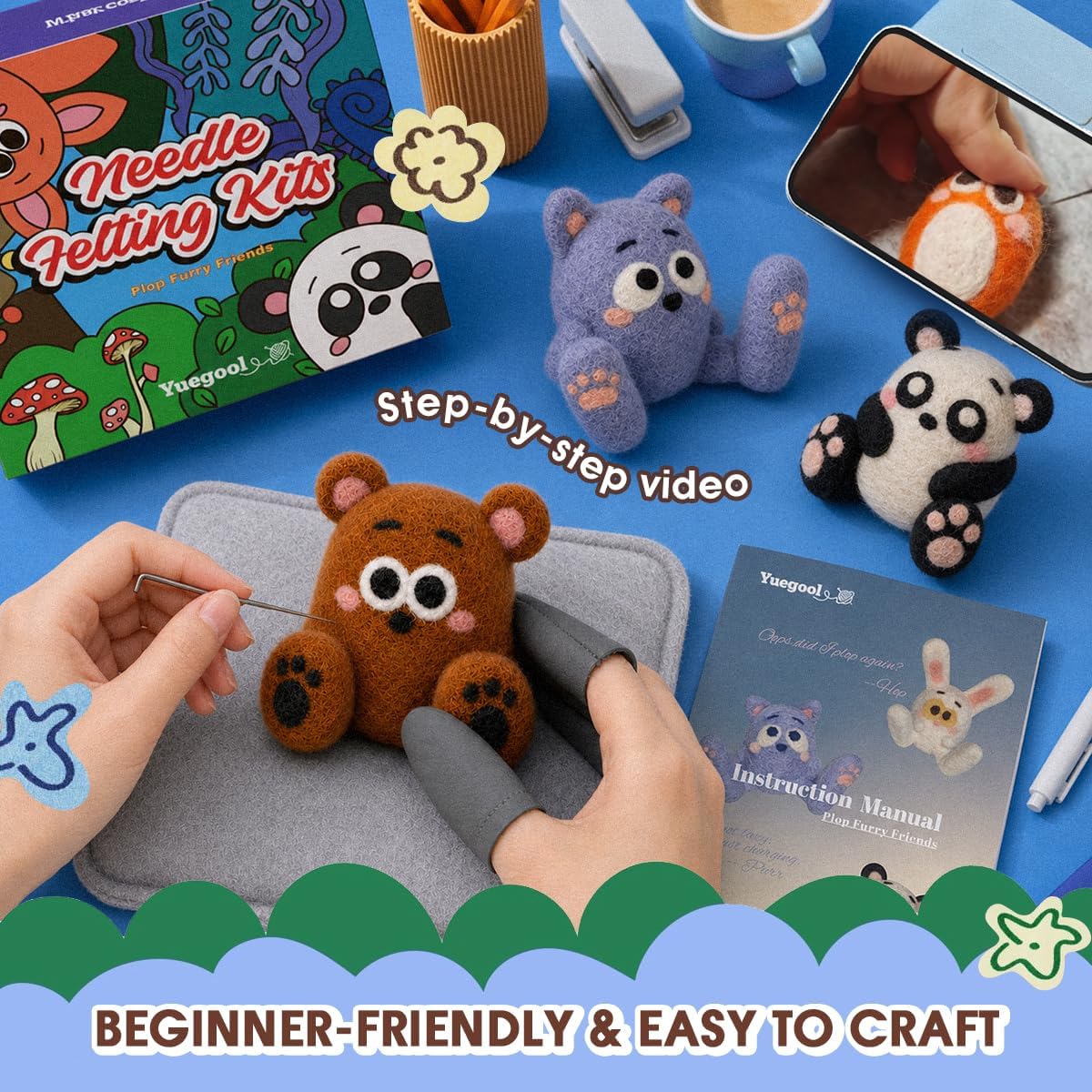 yuegool Needle Felting Kit Beginners, 6 Sets Exclusive Animals Wool Craft
