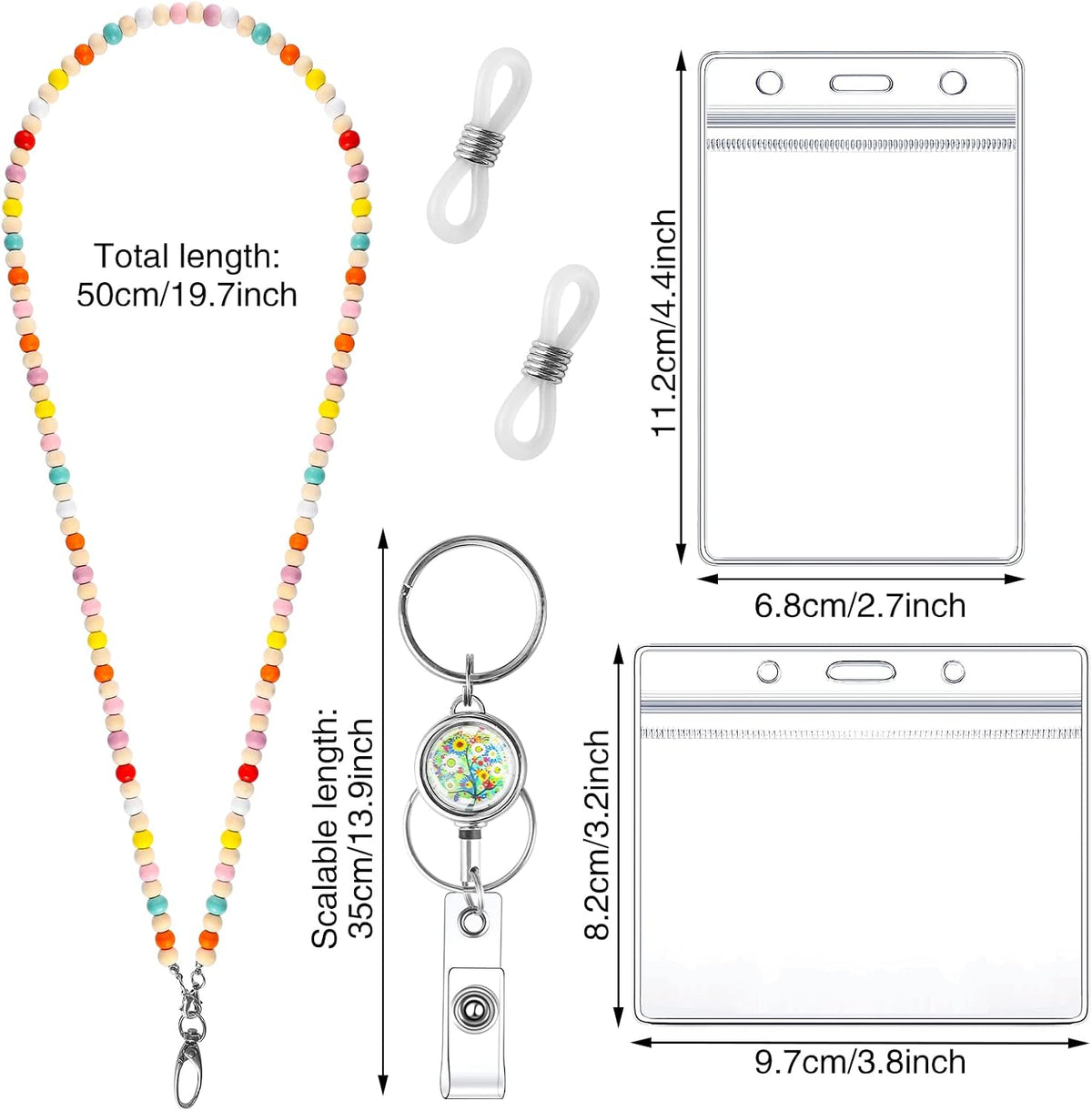 Wooden Beaded Teacher Lanyard Set with Id Holder and Glasses Chain
