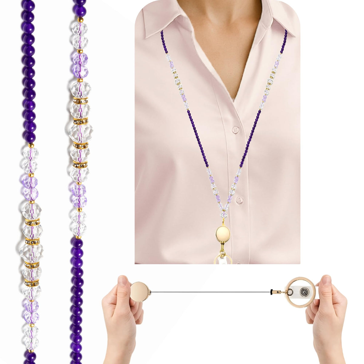 Retractable Lanyard for ID Badges and Keys Natural Stone Crystal Name Badge Necklace for Teachers