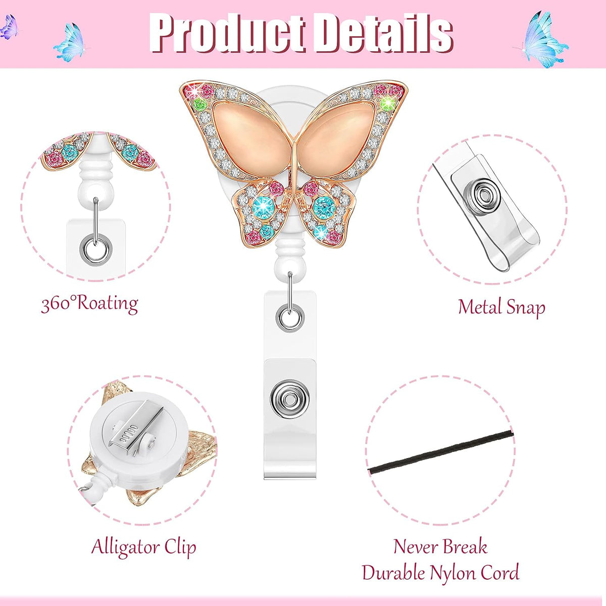 5 Pieces Rhinestone Retractable Badge Holder Reel, Cute Animals Handmade Bling Rhinestone ID Badge Holders with Clip, Name Card ID Badge Reel for Volunteer Nurses Doctors Teachers (Butterfly Style)