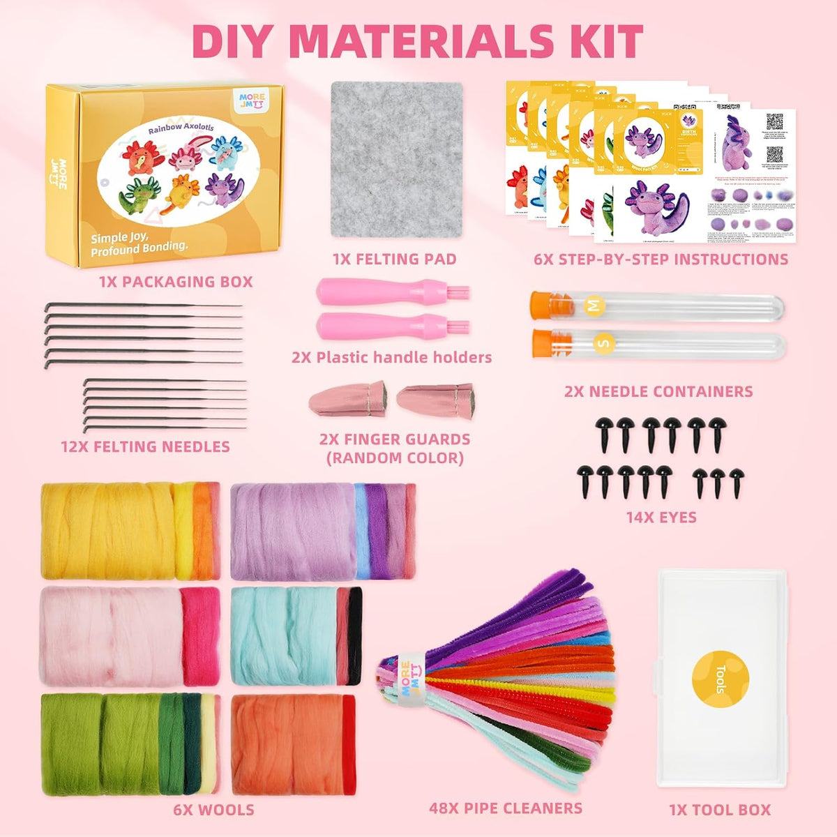 MOREJMTT Needle Felting Kit, 6 PCS Animal Needle Felting Beginner Kits, Wool Felt Needle Felting Tools Foam Pad, Craft Party Supplies for Beginners Adult(6pack Axolotl)