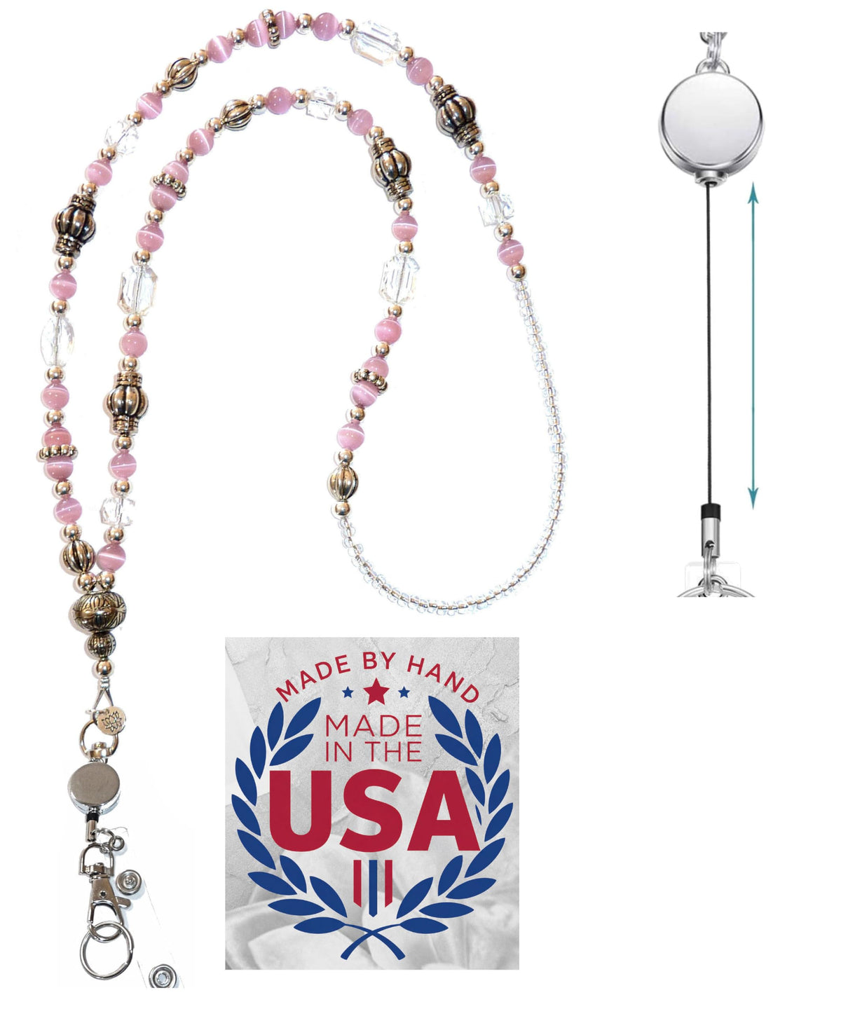 Hidden Hollow Beads Retractable Badge Reel, Women's Beaded Lanyard Strong ID Card Holder, Keys Teacher Nurse Cruise Keychain