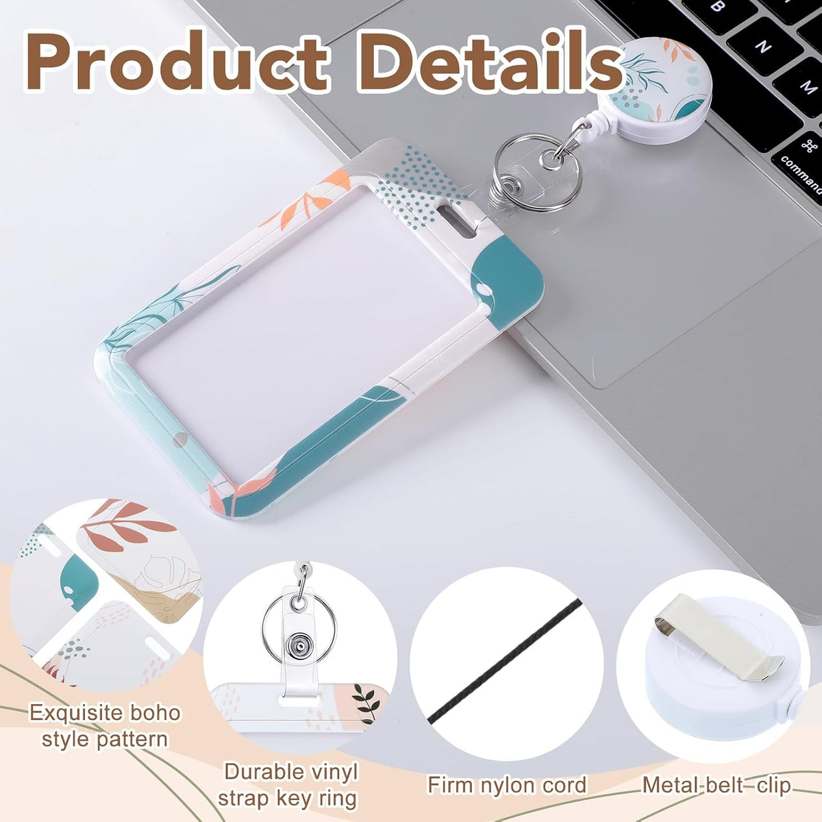 3 Pack Boho Id Badge Holder with Retractable Reel, Vertical ID Card Holder