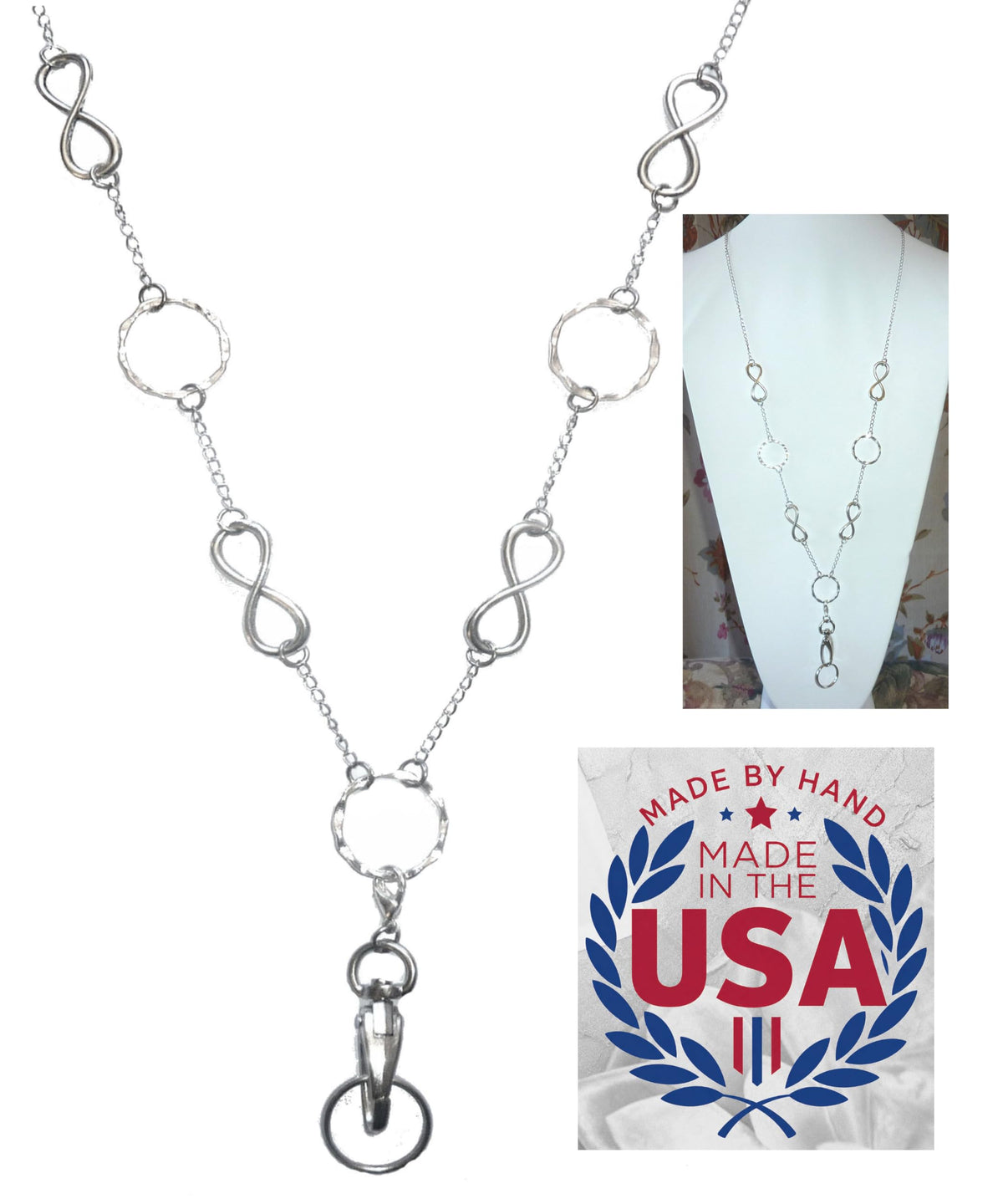 Hidden Hollow Beads Stainless Steel Strong Hand Made USA Women's 34" Necklace Lanyard, ID Badge Card Holder Teacher Nurse Keys