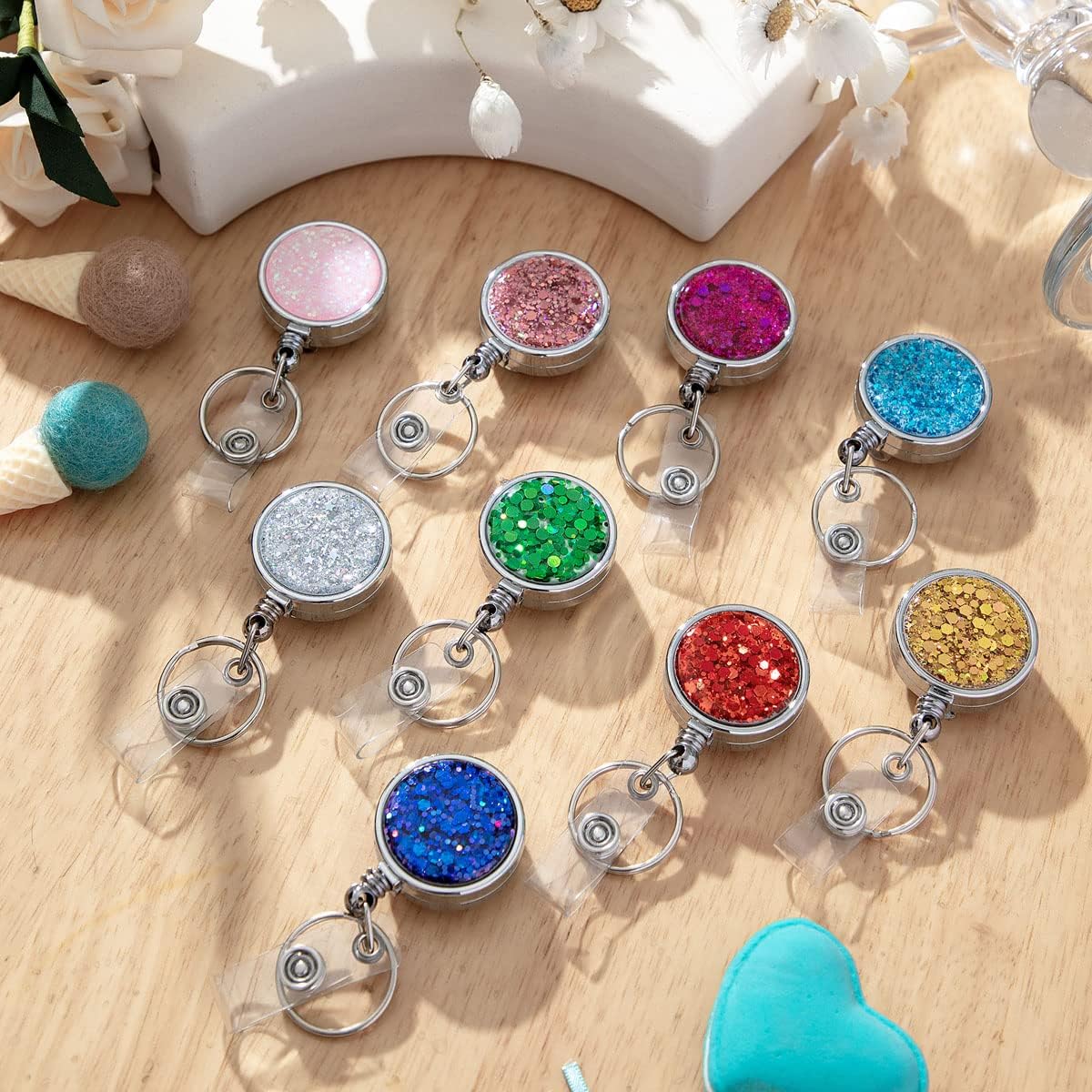 Glittery Retractable Badge Holder Reels with Belt Clip & Key Ring 6-Pack