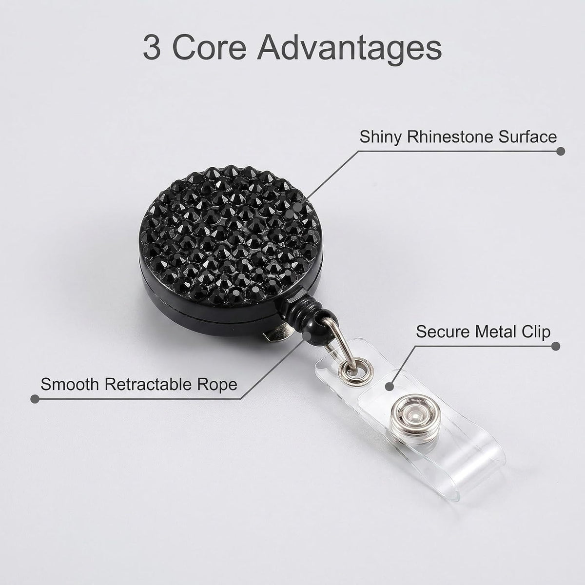 Fashion Premium Retractable Crystal Neck Lanyard,Retractable Bling ID Name Badge Holder,Portable Rhinestone Work Badge Reel Clip for Nurse,Doctor,Teacher(Black)