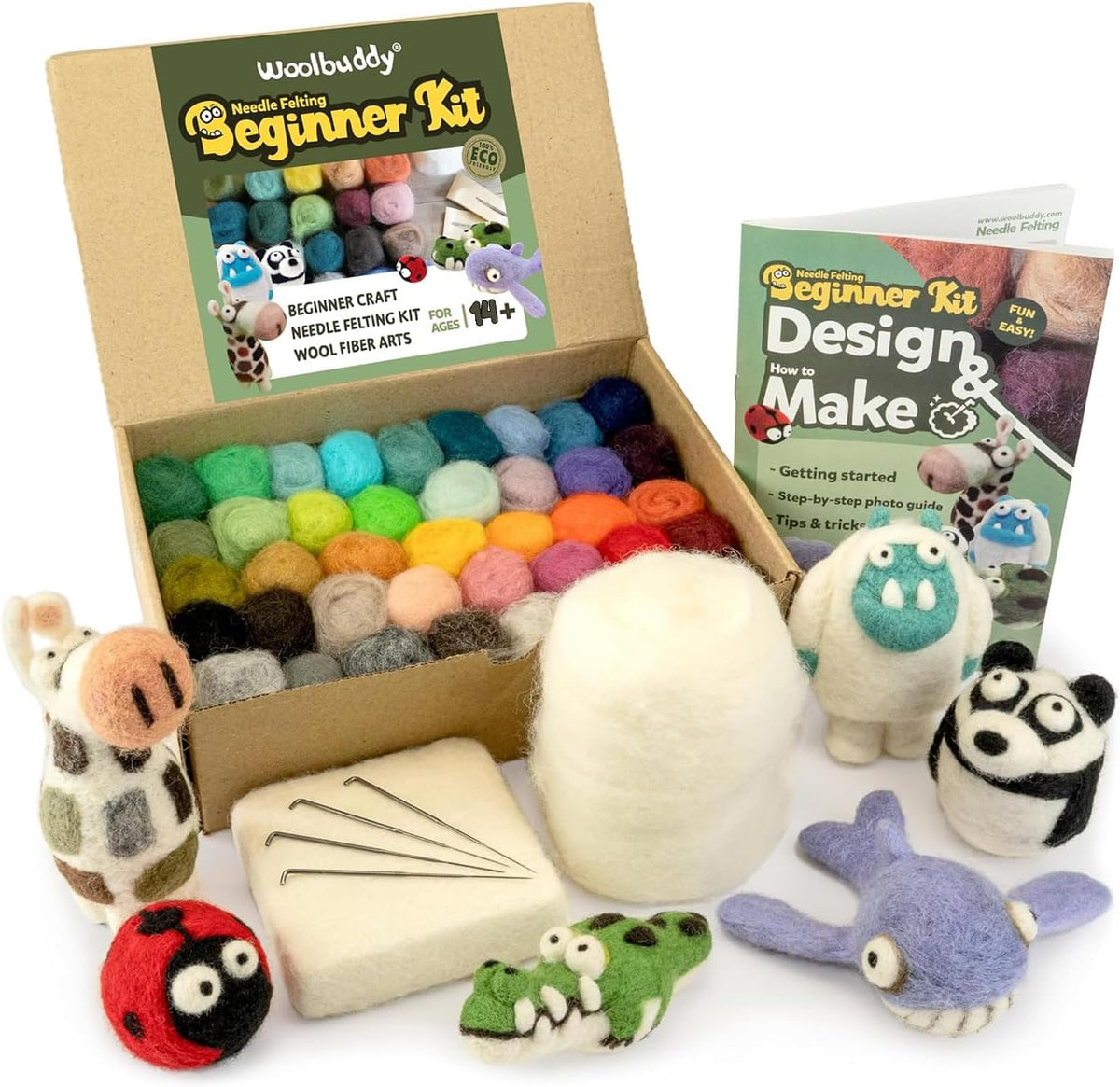 Woolbuddy Needle Felting Kit Beginner Set, 40 Colors, White Core Wool, Tool