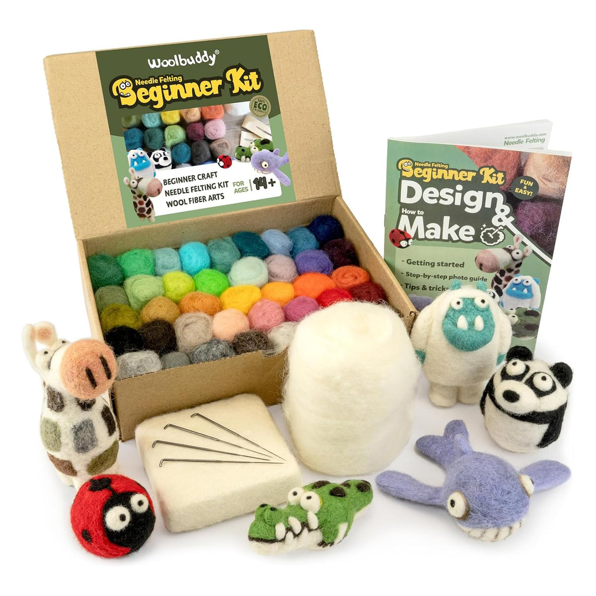Woolbuddy Needle Felting Kit Beginner Set, 40 Colors, White Core Wool, Tool