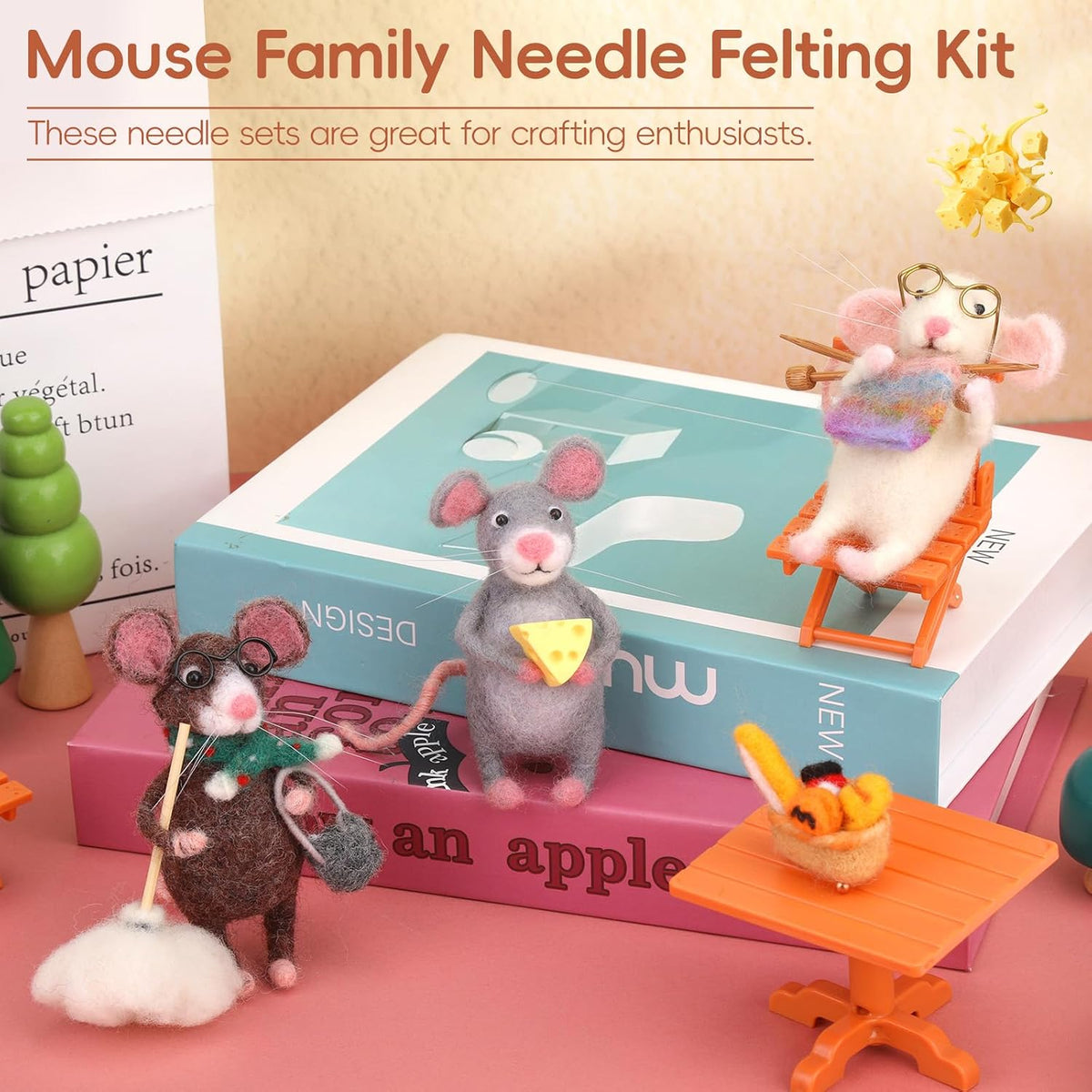 OEHPICC Mouse Family Needle Felting Kit,Needle Felting Starter Kit