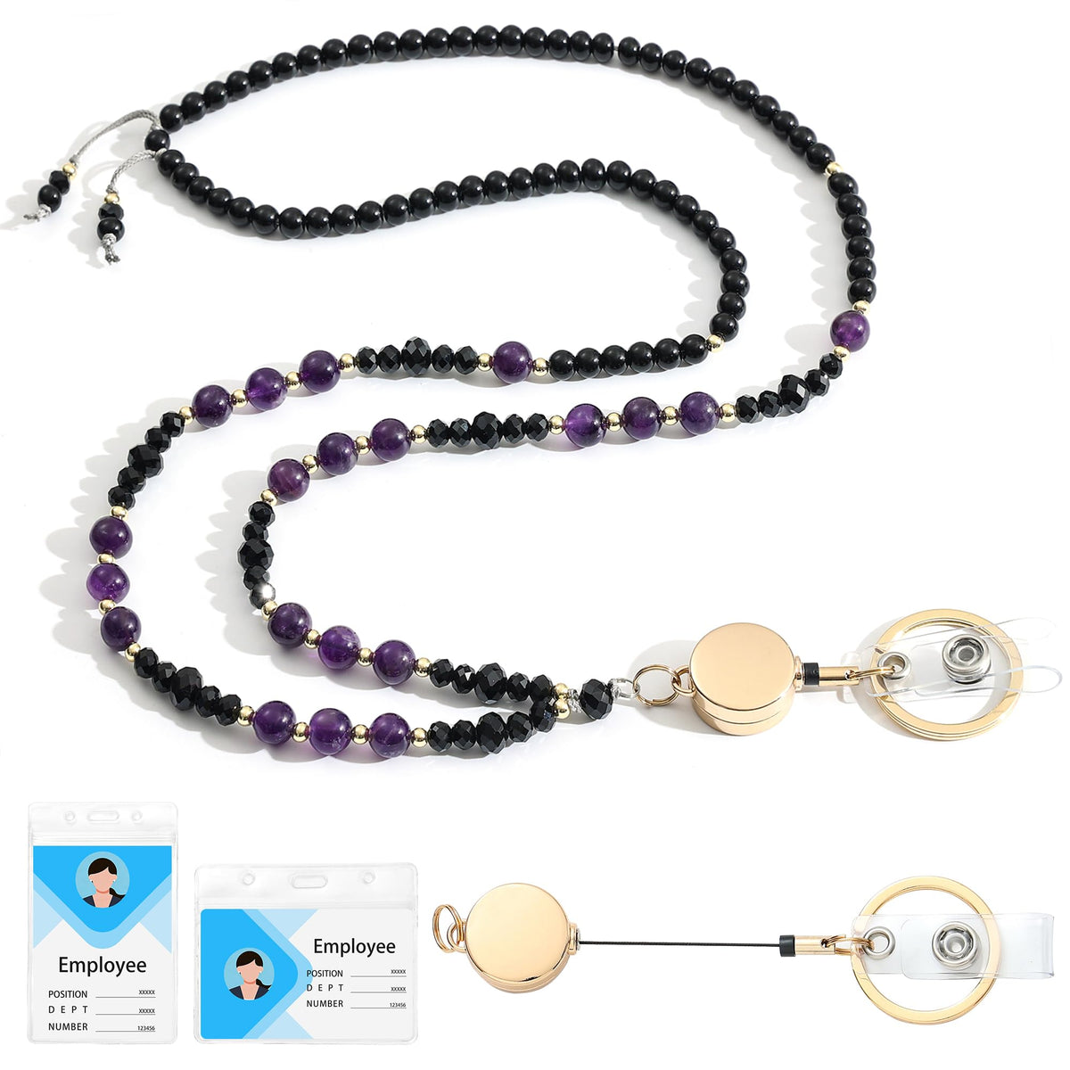 Natural Stone Beaded Lanyards for ID Badges and Keys, Morganite