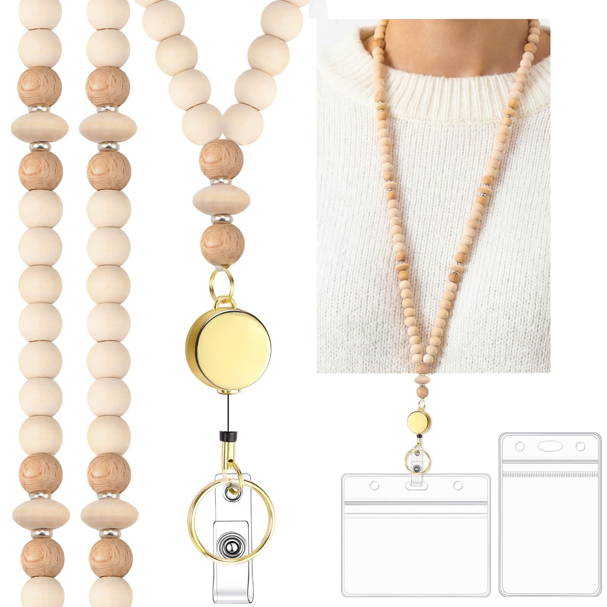 Wooden Beaded Teacher Lanyard Set with Id Holder and Glasses Chain