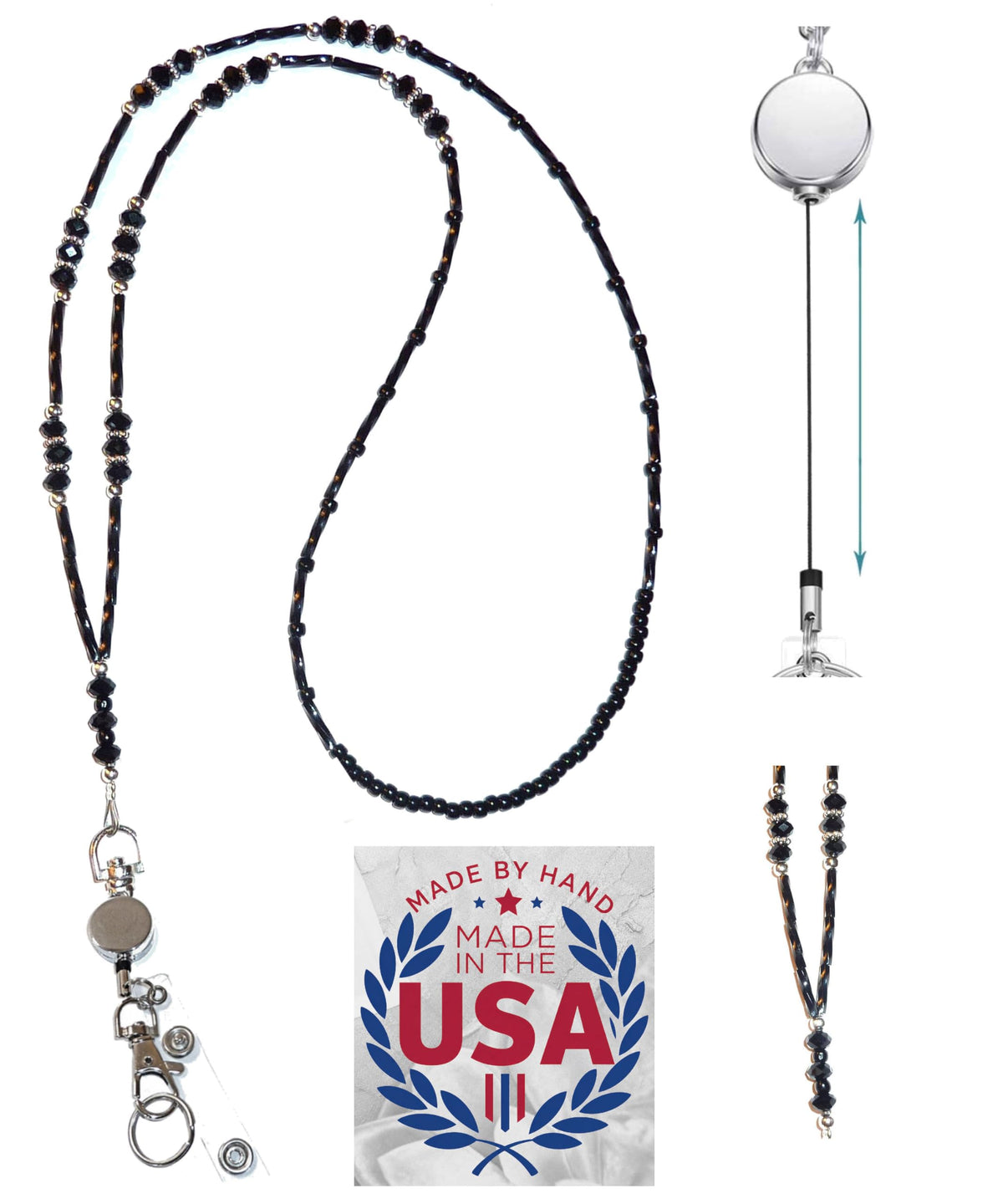 Hidden Hollow Beads Retractable Badge Reel, Women's Beaded Lanyard Strong ID Card Holder, Keys Teacher Nurse Cruise Keychain