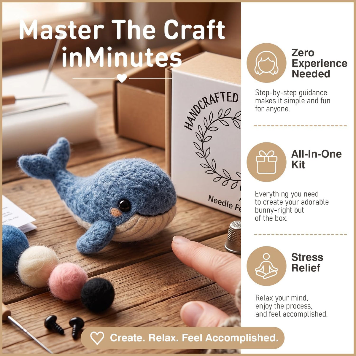 FACE N FACE DIY Needle Felting Kit Cute Blue Whale – Needle Felting Starter Kit with Fiber Roving, Needles, Felting Pad & Instructions | Felted Ocean Animal Kit for Beginners Adults | DIY Craft Gift